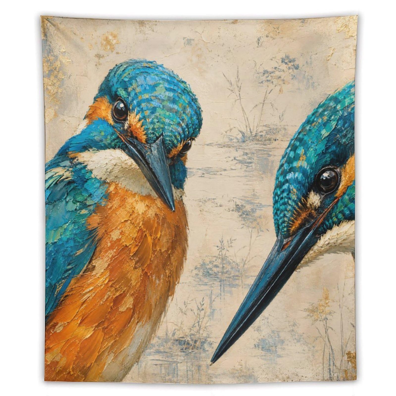 W7C8U2X3 Kingfisher Bird Pair Wall Tapestry, Realistic Illustration