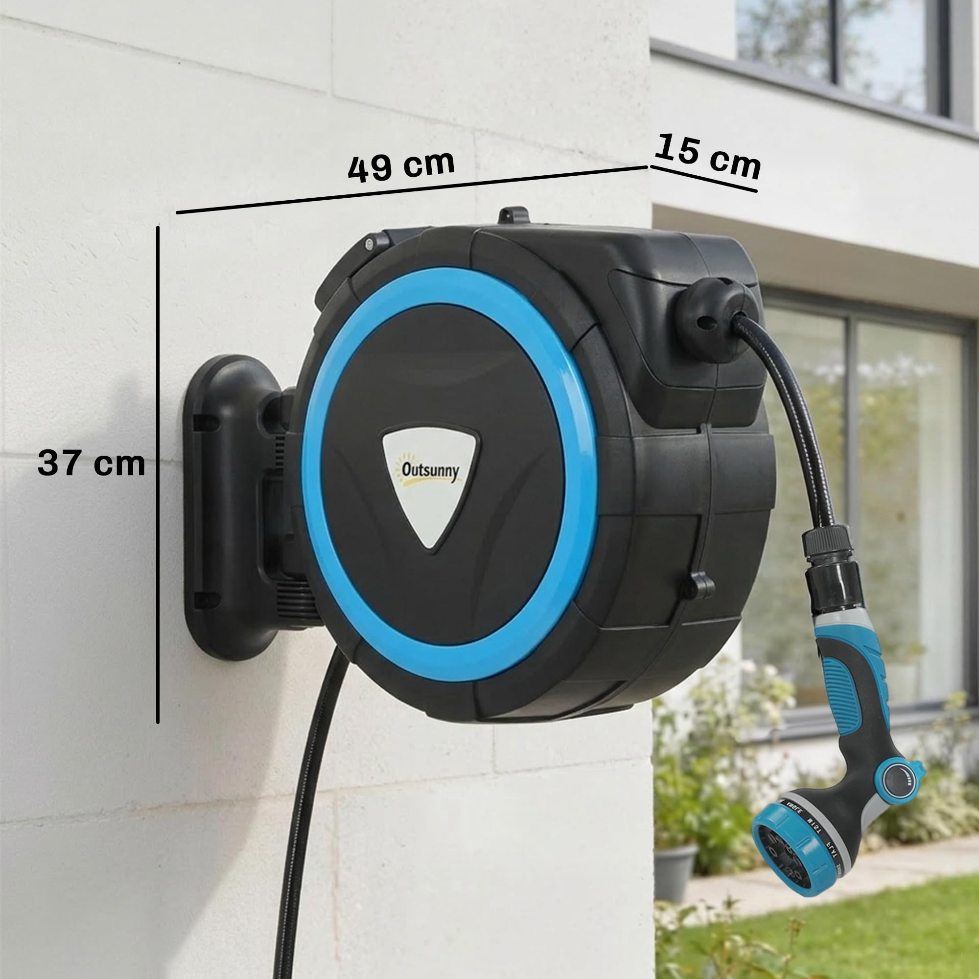 Outsunny Schlauchtrommel für Wandbewässerung, 14 + 1,5 m, 12 Sprühstöße, automatische Schlauchtrommel, einziehbar, automatisch, 180° drehbar, mit Schloss und Adaptern, Blau