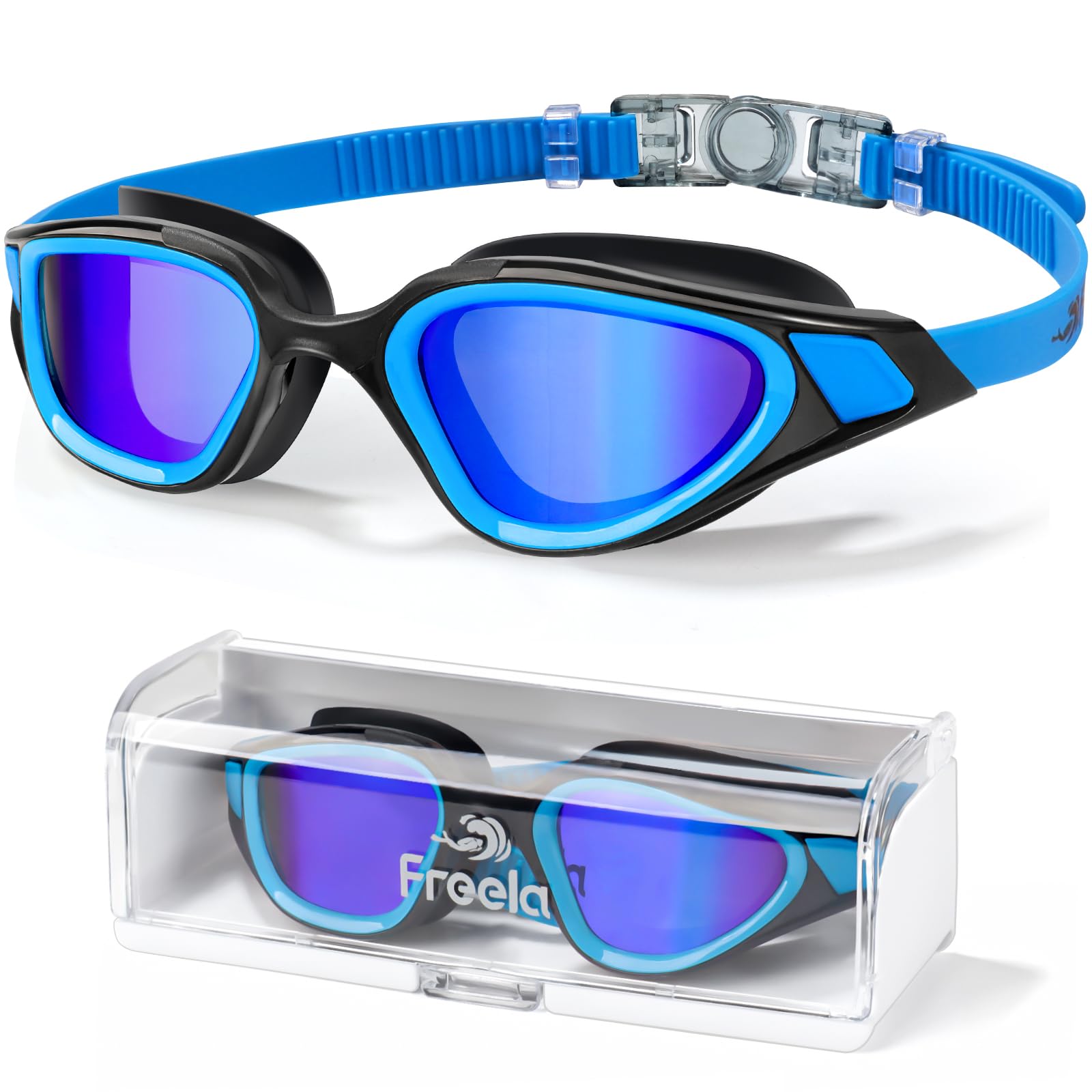 Freela Gafas de natación polarizadas para adultos, hombres y mujeres, gafas de natación para piscina de agua, visión amplia, transparente, antivaho, protección UV, gafas de natación azules para