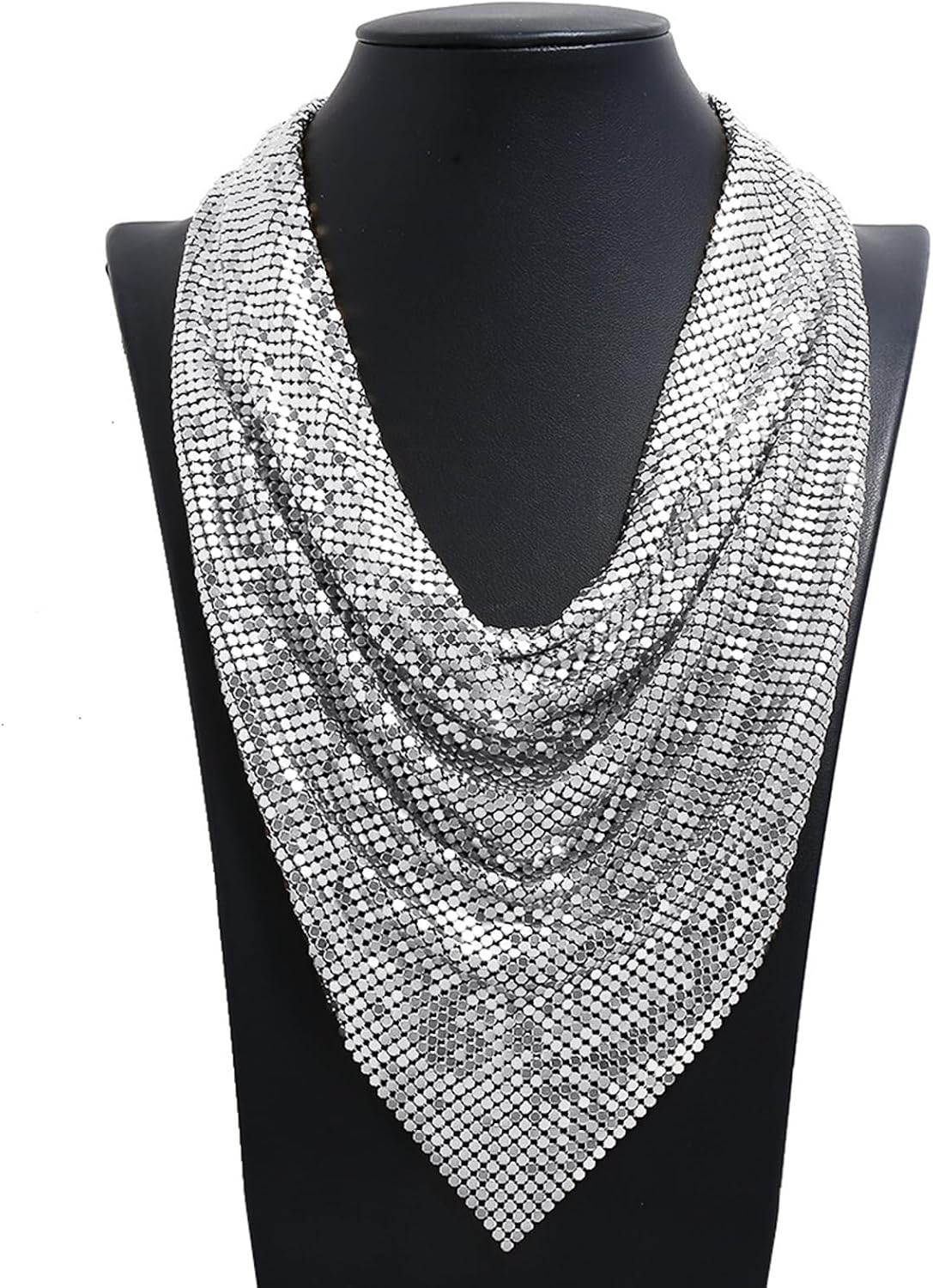 Greenery-GRE Metal Sequin Mesh Scarf Necklace Gold Chain Choker Faux Collar Bib Statement Neckpiece for Nightclub Party Festival Jewelry Accessories for Women