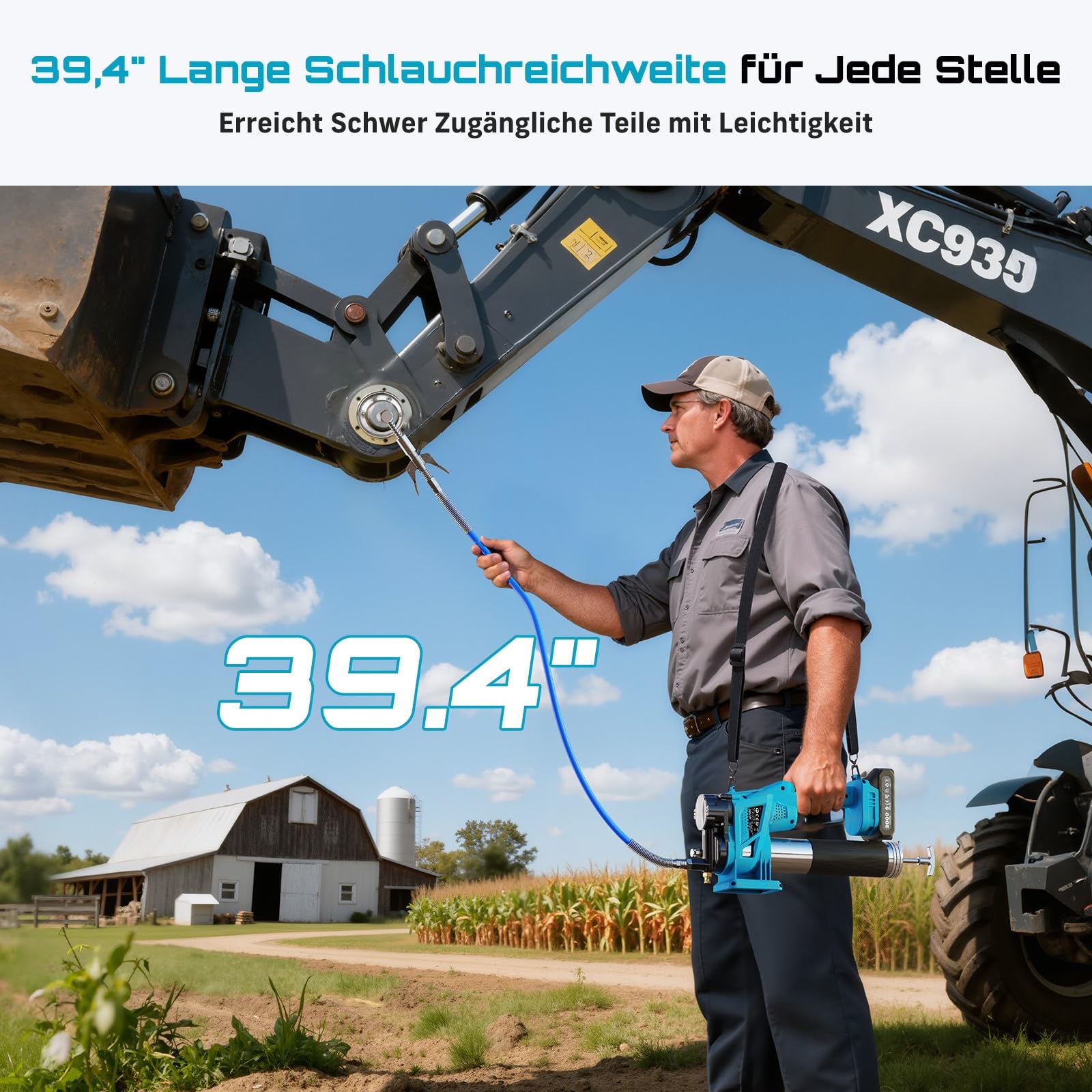 Seesii Akku Fettpresse Set: 10000 PSI Hochleistungs Elektrische Fettpresse mit 4,6 oz/min, 2 Akkus, 39,4" langem Schlauch, 90-Grad-Kupplung und 3 Mundstücks für Schnelleres und Müheloses Schmieren
