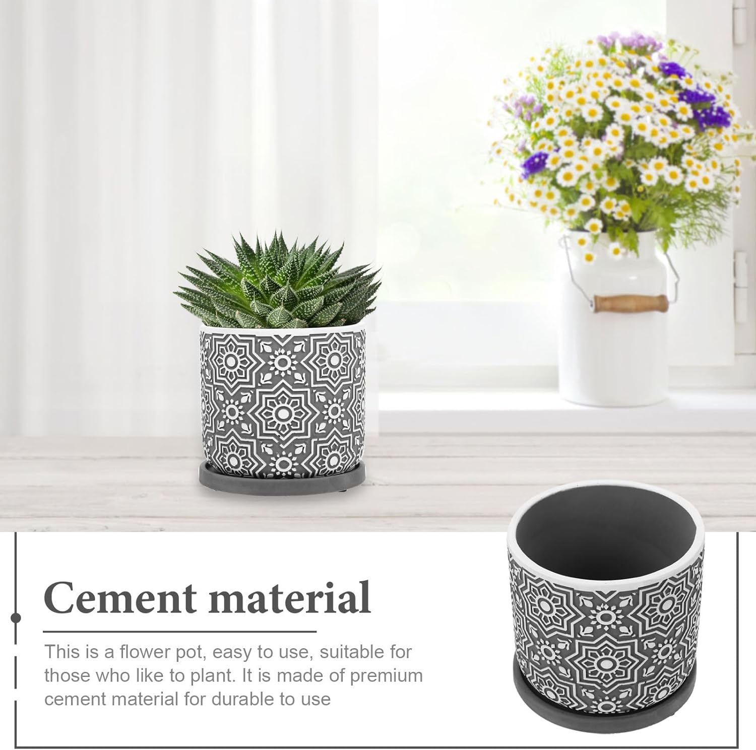 Cement Flower Pot Set with Tray, 15x15x13.5 Cm Gray Speckled Succulent Planter, Decorative Indoor Gardening Plant Container for Home and Patio