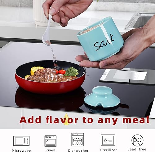 Miniatura 4 de ONTUBE Farmhouse - Tazones de pimienta y sal de 8 onzas con tapa y cuchara, ollas de cerámica para condimentos, recipiente de especias para cocina,