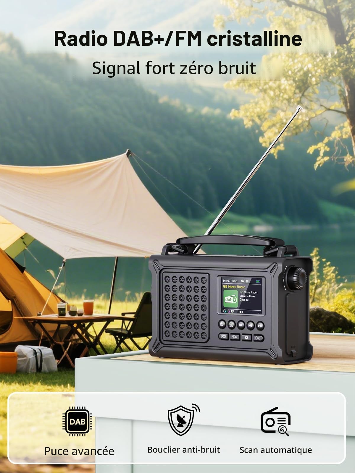 ROCAM Radio d'urgence Dab+/FM avec Bluetooth, Radio Numérique Portable 12000mAh avec Panneau Solaire 8500mm² & Manivelle 650mA, Écran Couleur 2,4", 80 Stations, SOS, Lampe LED, USB, IPX6 pour Camping