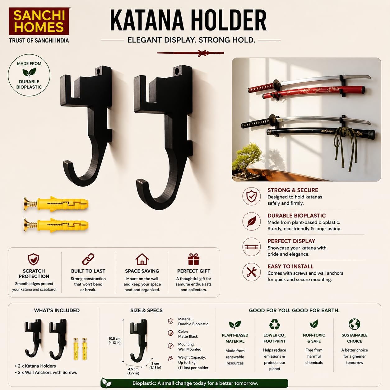Sanchi Homes | Double Rack Katana holder Wall Mount | Traditional Japanese Style | Dual Slots for Sword & Saya for Samurai, Anime & Decorative Swords | Easy Installation | Bioplastic (1 Pair) 1