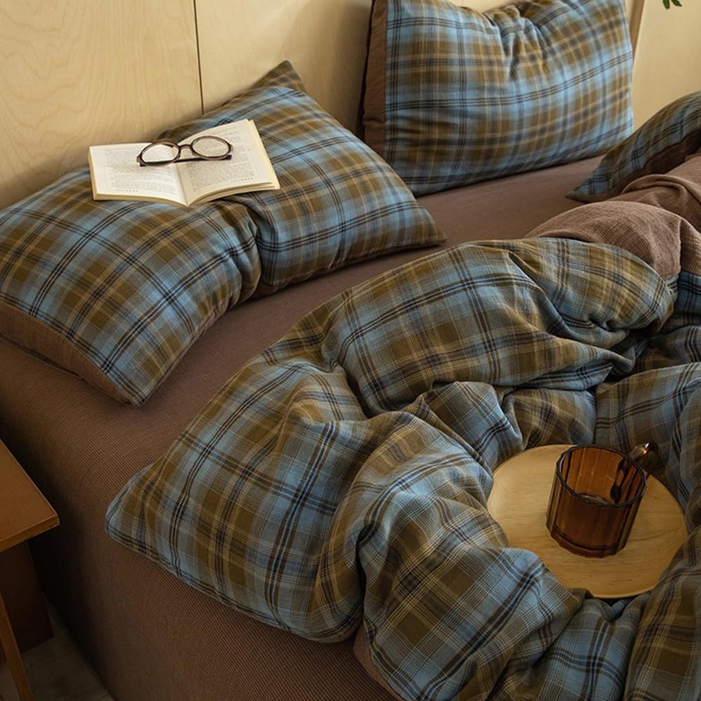 Vintage Blue&Brown Plaid Duvet Cover Full 100% Cotton Muslin Plaid Checkered Grid Bedding Set Breathable Soft Comfy Linen Like Gauze Comforter Cover Farmhouse Gingham Duvet Cover with Zipper Closure — image 1