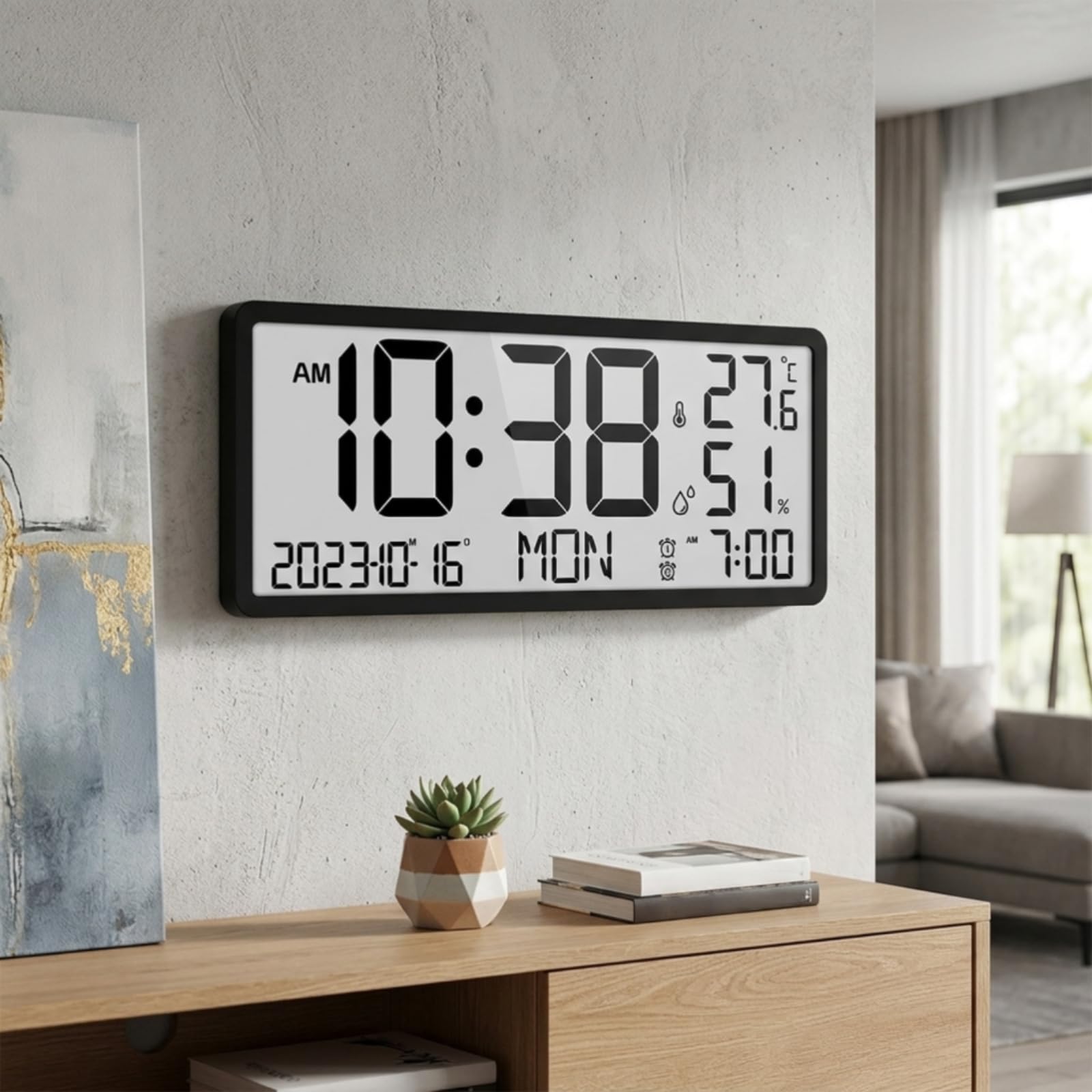 Reloj Pared Digital Fácil Lectura Reloj Digital Pared Multifuncional para Salón, Dormitorio, Negro, 8303Y01 Versión En Inglés