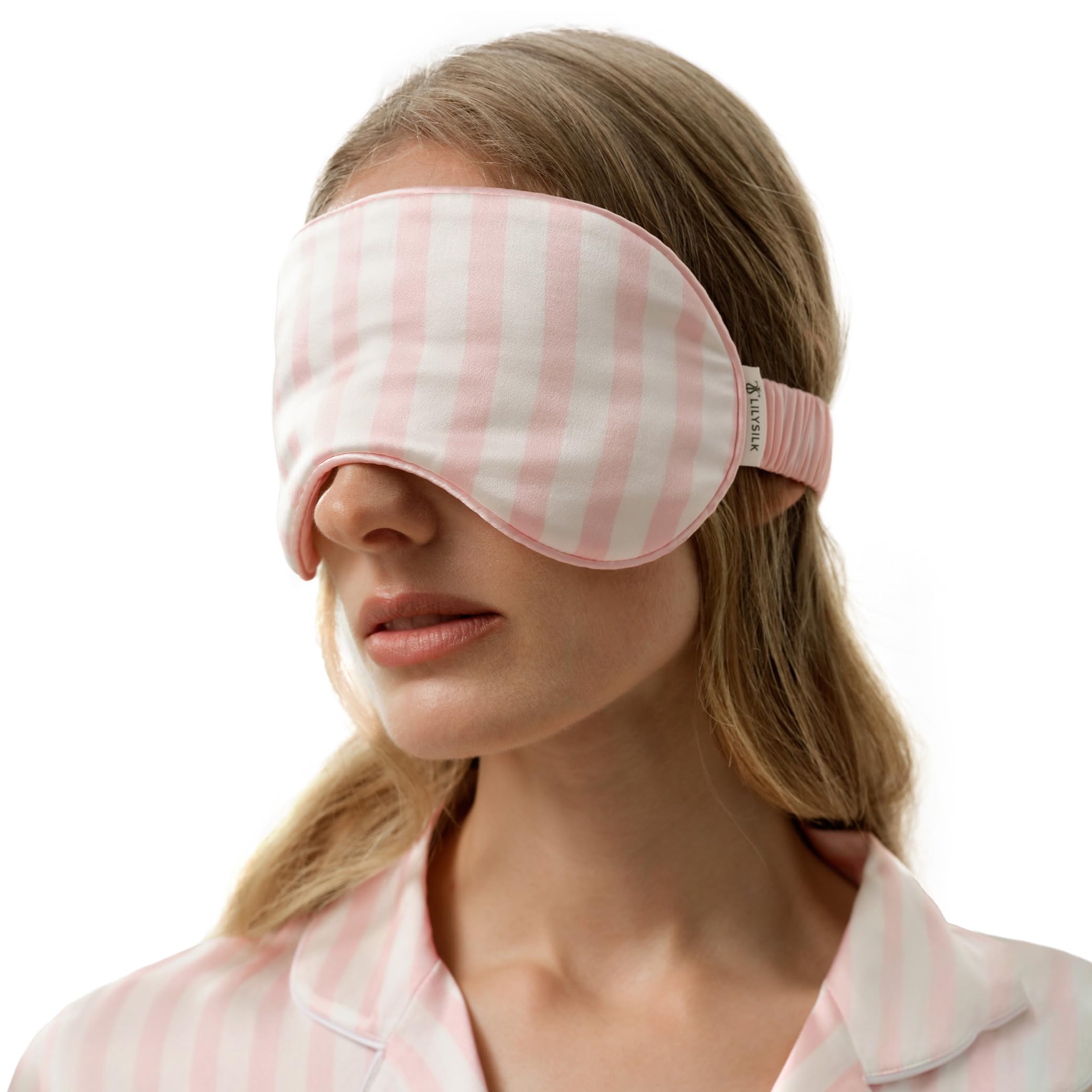 LILYSILK 100% Seiden Streifen Schlafmaske in Valentinszeit Reine Seiden Weiche Schlafbrille Lichtblocker für Reisen Nickerchen, Hellrosa & Weiß Gestreift
