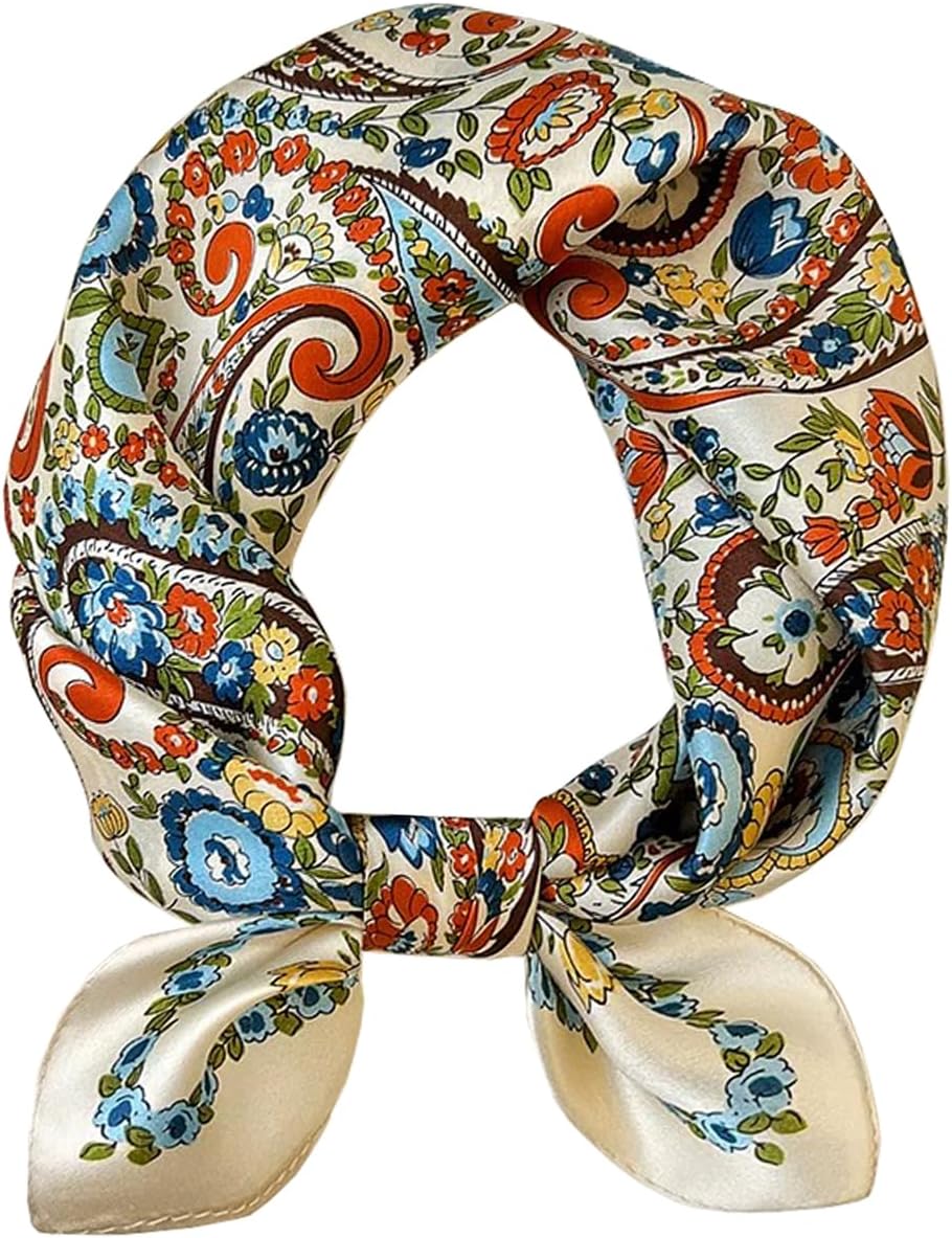 ANDANTINO 100% Pure Mulberry Silk Small Square Scarves -21'' x 21''- Digital Printed Neckerchief –Women Men Lightweight Scarf