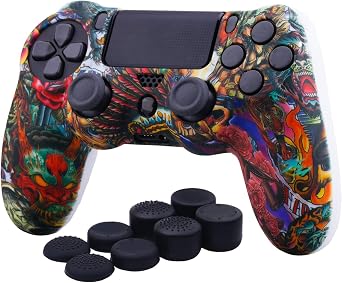YoRHa Water Transfer Printing Camouflage Silicone Cover Skin Case for Sony PS4/slim/Pro dualshock 4 Controller x 1Beasts with Pro Thumb Grips x 8