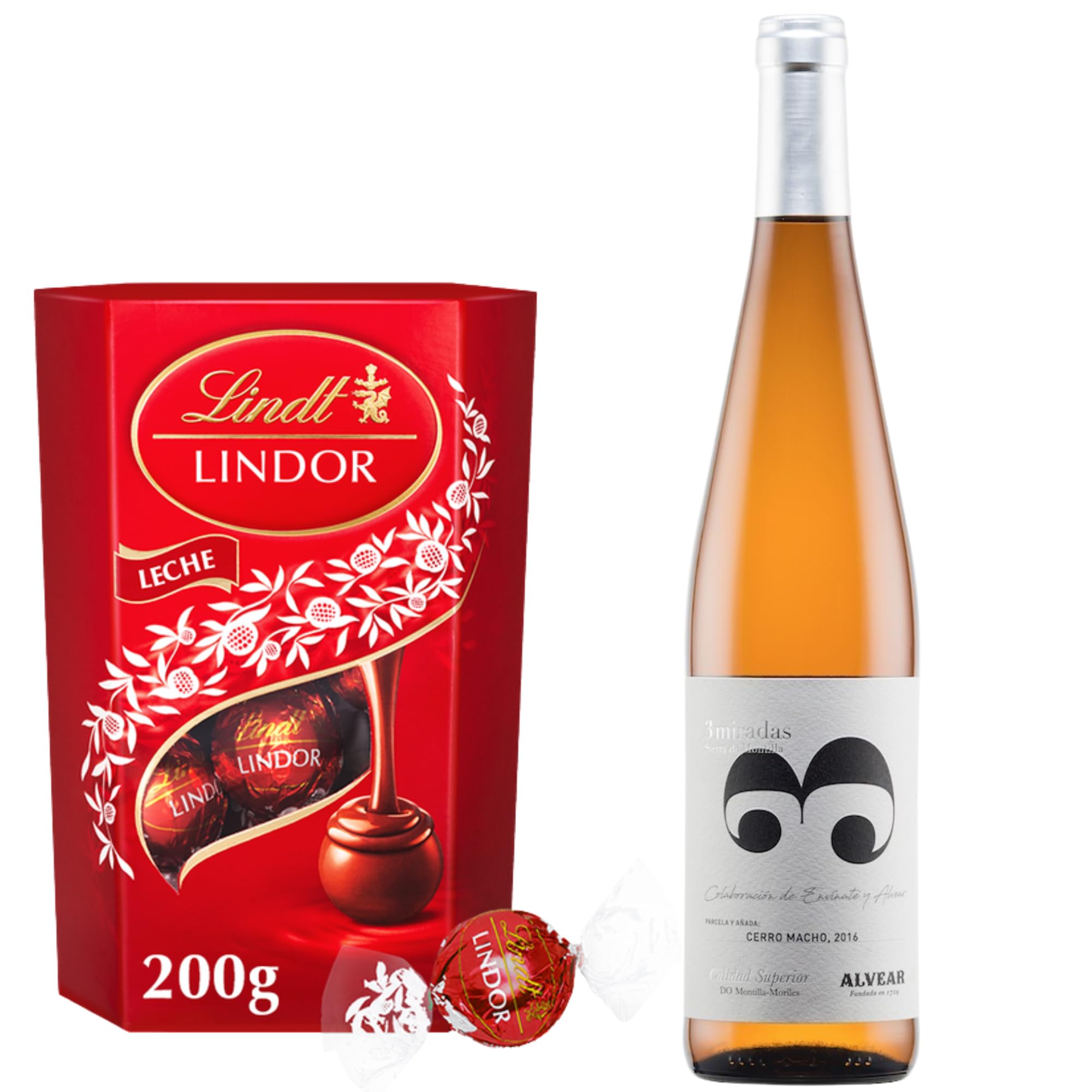 Alvear - 3 Miradas Cerro Macho | Estuche con Lindor 200g | Vino blanco con crianza | Regalo original y gourmet | Perfecto para sorprender