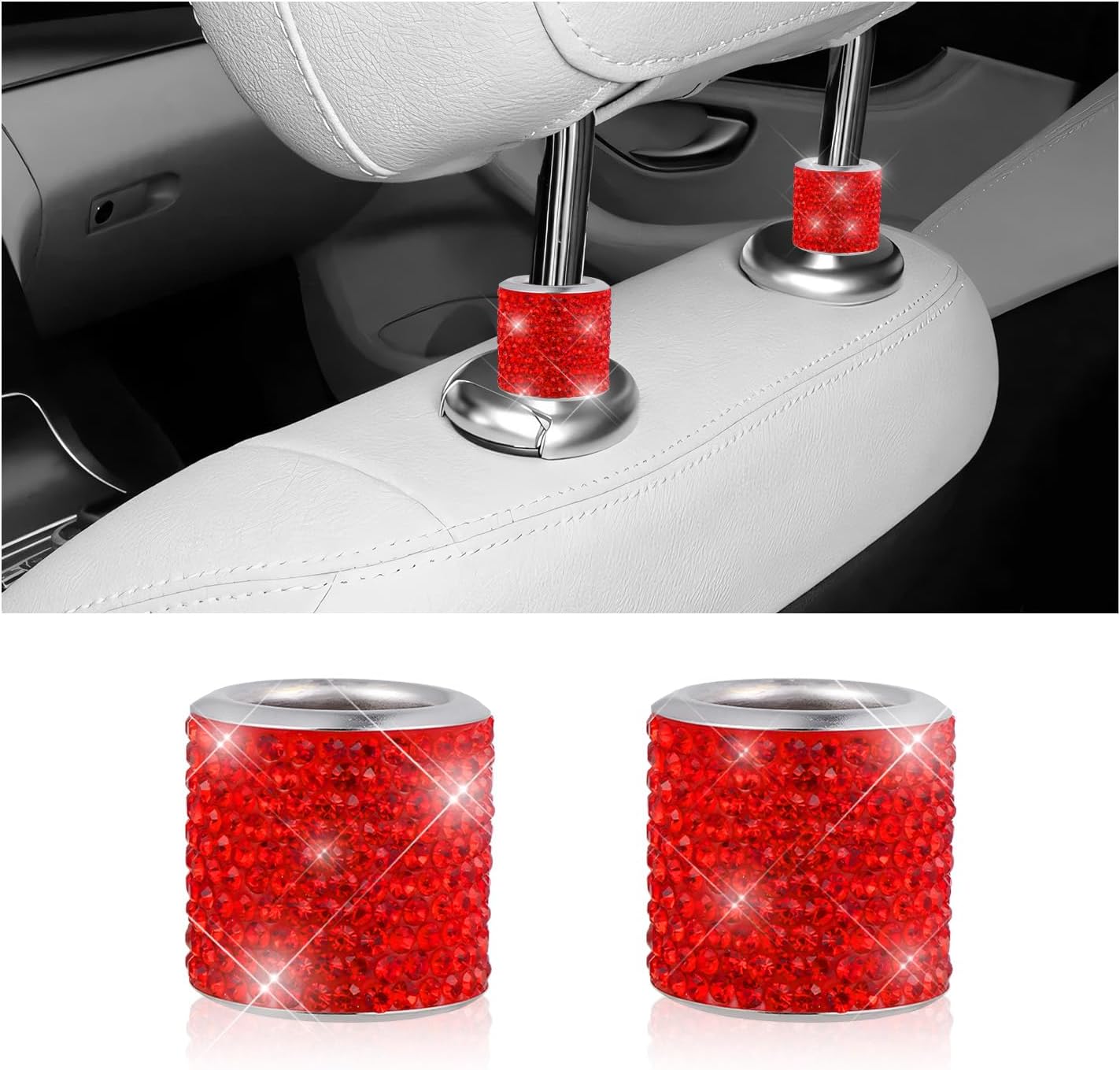 2 PCS Car Headrest Collars, Sparkling Rhinestones Auto Head Rest Collars Seat Decorative Rings, Bling Headrest Collar Charms Stylish Interior Accessories for Car Truck SUV (Red)