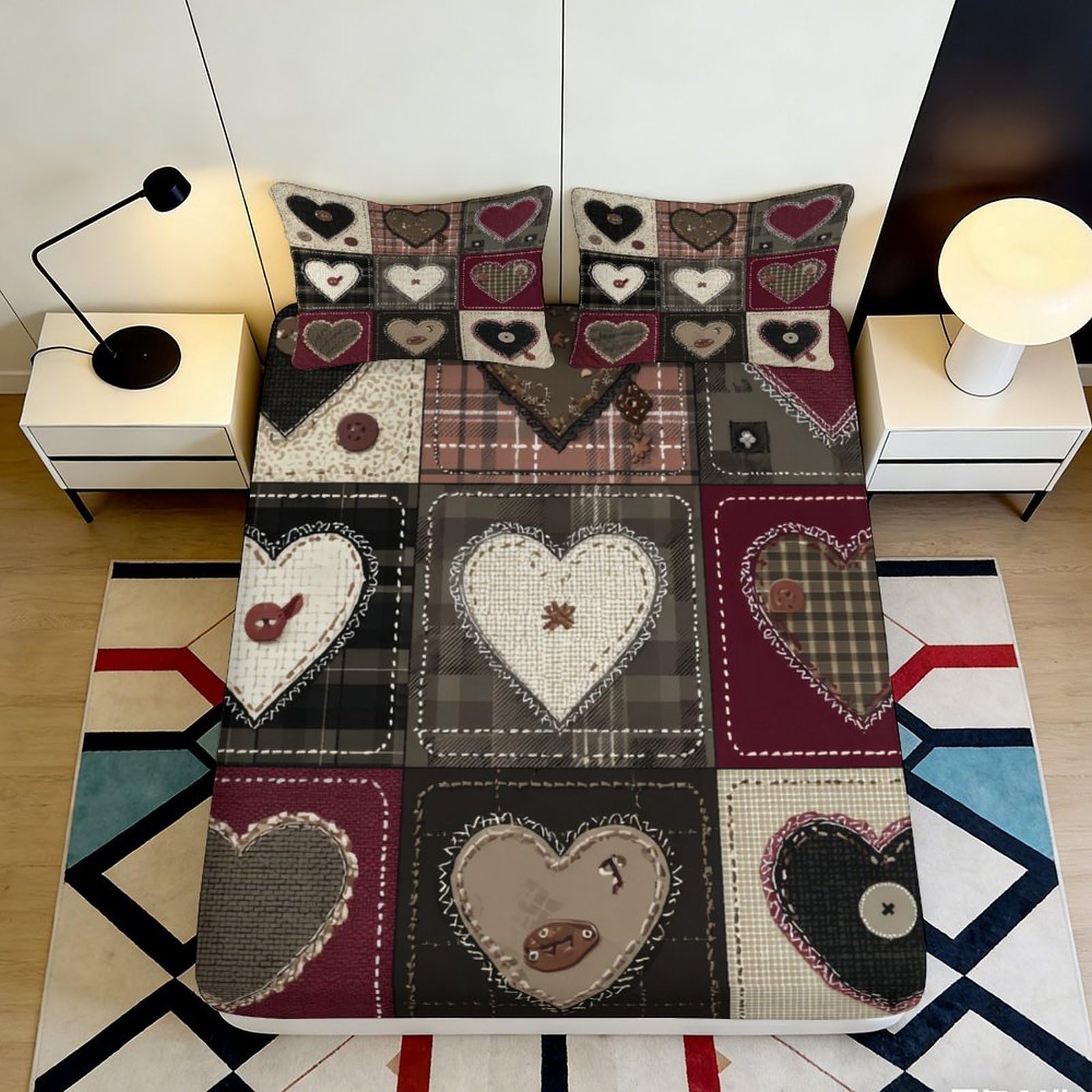 3D Printed Patchwork Heart Fitted Sheet Microfiber Soft Breathable Love Pattern Bed Cover for Bedroom Guest Room Decor 90x200x25cm