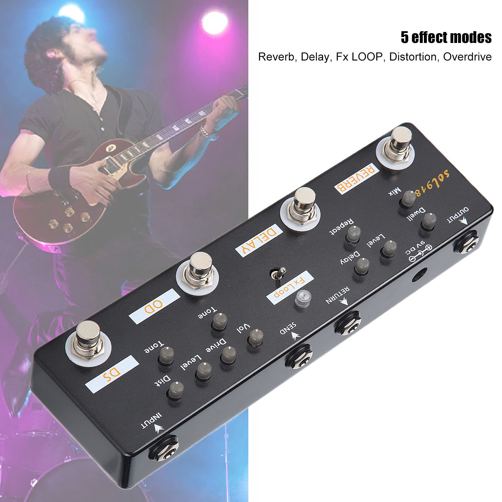 Alomejor Pedal de Efectos de Guitarra, 5 Modos Reverb Delay Fx LOOP Distortion Overdrive con Carcasa de Metal True Bypass para Accesorios de Guitarra Eléctrica