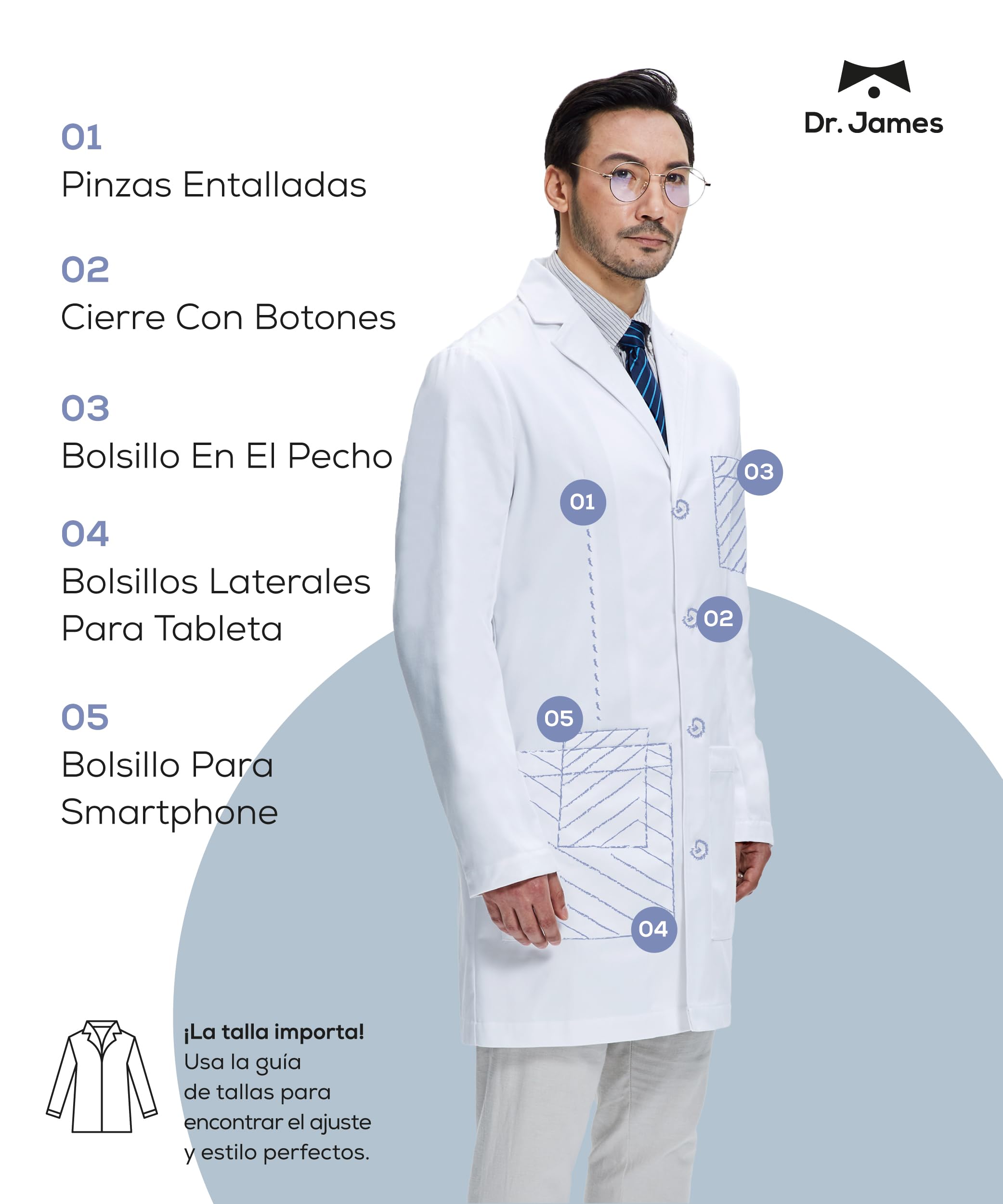 Dr. James Bata de laboratorio Premium Hombres, con bolsillos para smartphone y tableta, ajuste entallado, cierre de botones