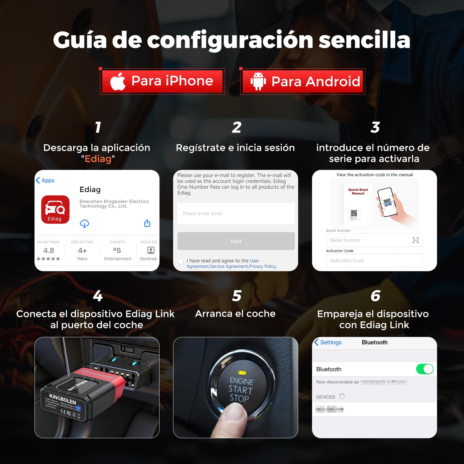 KINGBOLEN Ediag Link OBD2 Diagnosis Sistema Bi-direccional Diagnosis Coche Multimarca, 10 Reinicios(Inyector/TPMS/DPF/SAS/Aceite/ABS/Frenos/ETS/EGR/BMS), Comprobación Emisiones, Guía Reparación