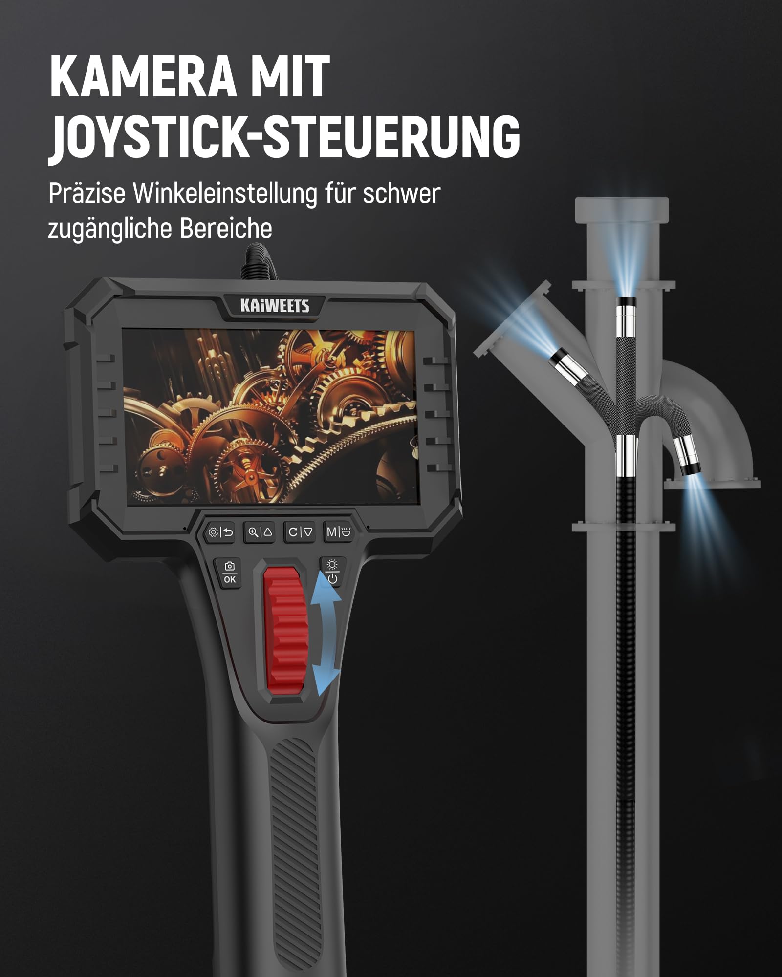 KAIWEETS Endoskopkamera mit Licht, 2-Wege artikulierte 210° Sonde (6,5 mm) mit Scrollradsteuerung, 1080P IPS-Display, 1,6 m halbstarres Kabel, IP67 wasserdicht, für Auto, Heizung, Sanitär & Industrie