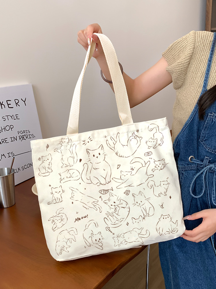 Bolso tote lindo para mujer de lona con diseño de gato y perro miniatura 7