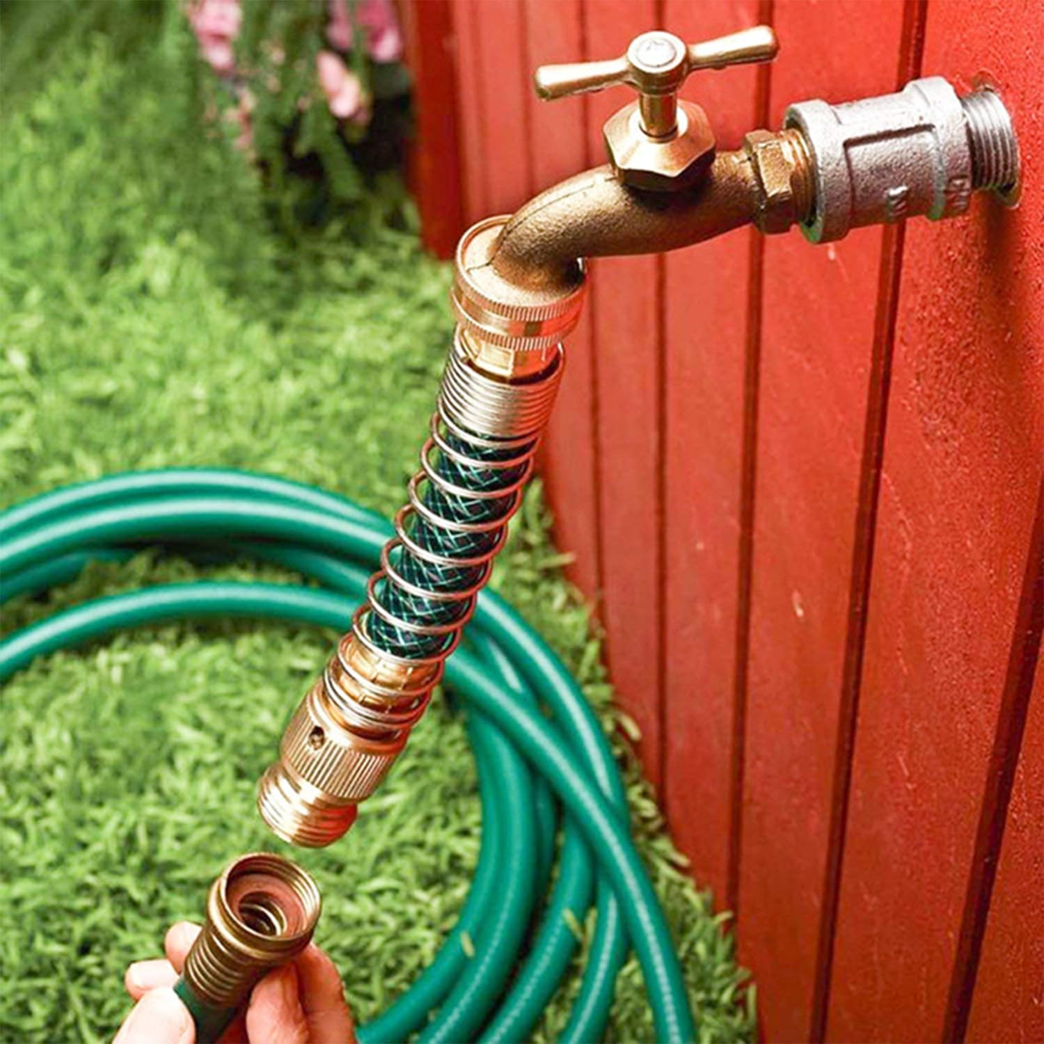 Y-Type Brass Garden Hose Dispenser Two-Way Extension Coil Spring Protector Faucet Connector(04847)