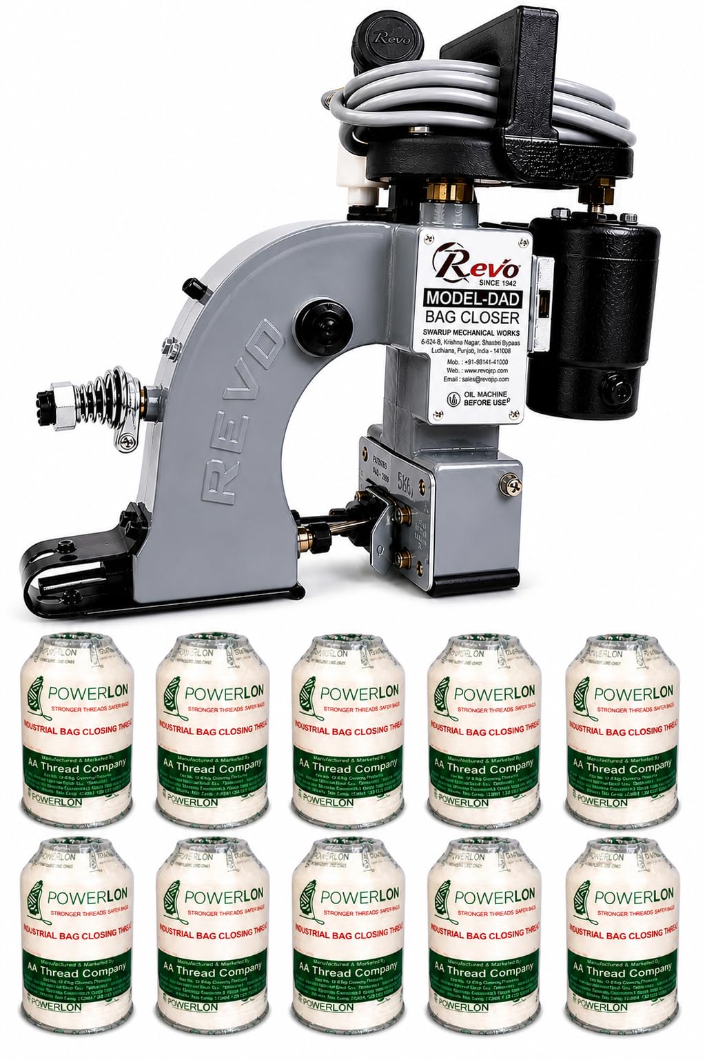 Revo Bag Closer Machine Double Needle With Pump + Powerlon White Bag Closer Thread PP 2 Ply (Pack Of 10)-image-11