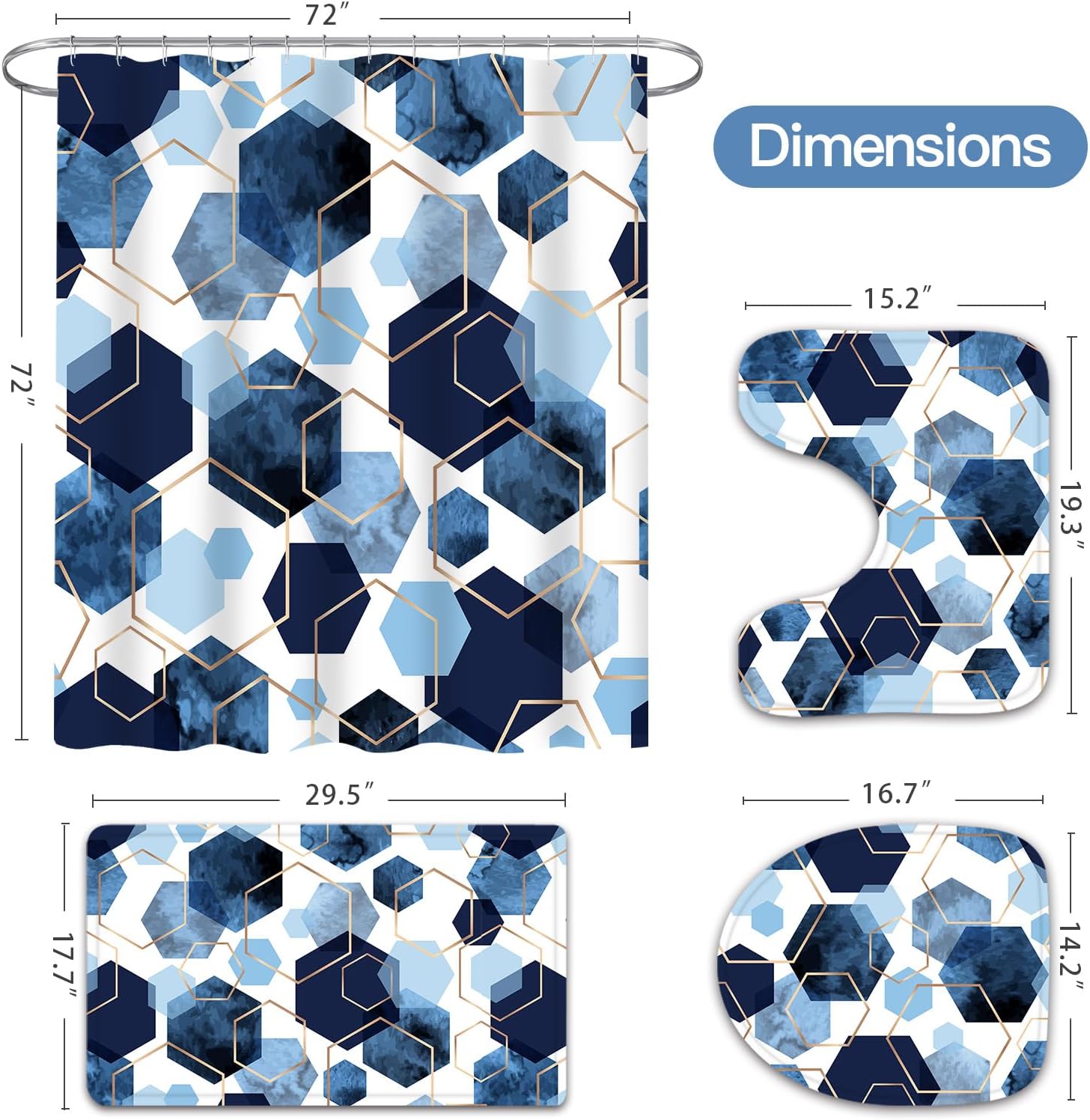 Litabel 4 Pcs Navy Blue Modern Geometric Shower Curtain Set with Non-Slip Rugs, Toilet Lid Cover and Bath Mat, Abstract Bathroom Decor Set with Shower Curtain and Rugs