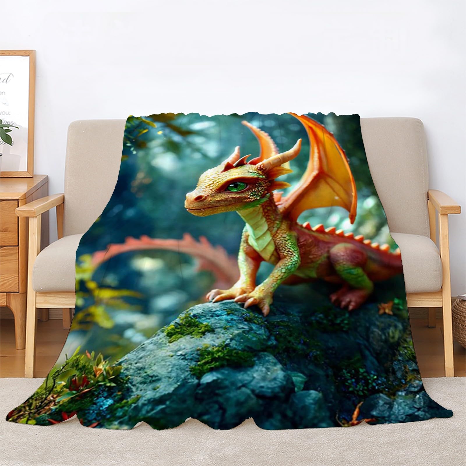Generisch Puszysty koc do przytulania, żółto-zielony smok, 200 x 200 cm, miękki i dwustronny koc polarowy z nadrukiem 3D, idealny koc na sofę dla wszystkich, przytulny koc na sofę i łóżko AL1283