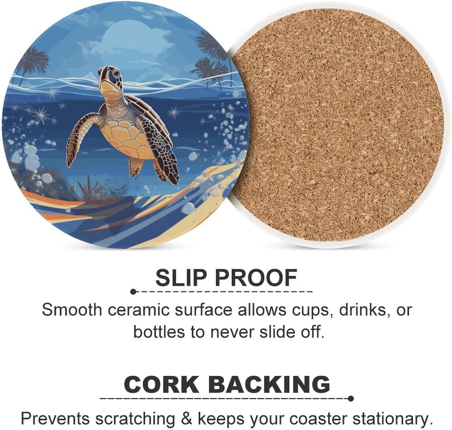 Ocean Turtle on The Beach Coasters Round Coasters Set Ceramic Stone Coaster with Cork Base Coffee Cup Beverage Cup Mat Cute Funny Table Drinks Coaster for Mugs and Cups Office Kitchen