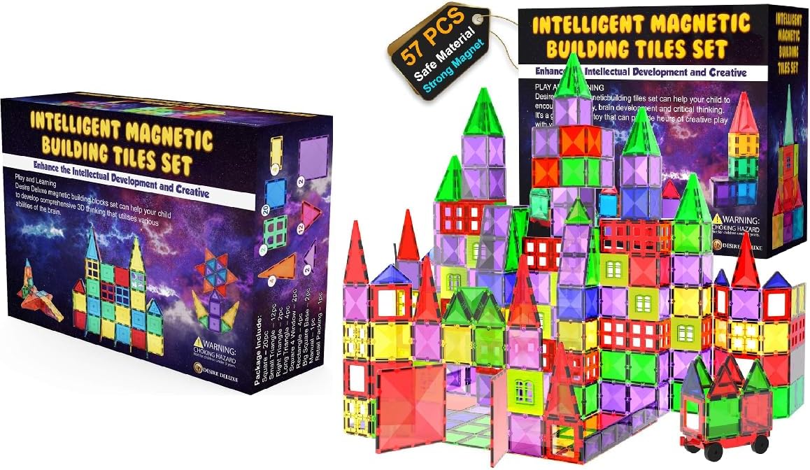 Desire Deluxe Magnetic Tiles Building Blocks Bundle - 2 Sets STEM Educational Toys for Kids - Montessori Creative Construction & Learning Playsets
