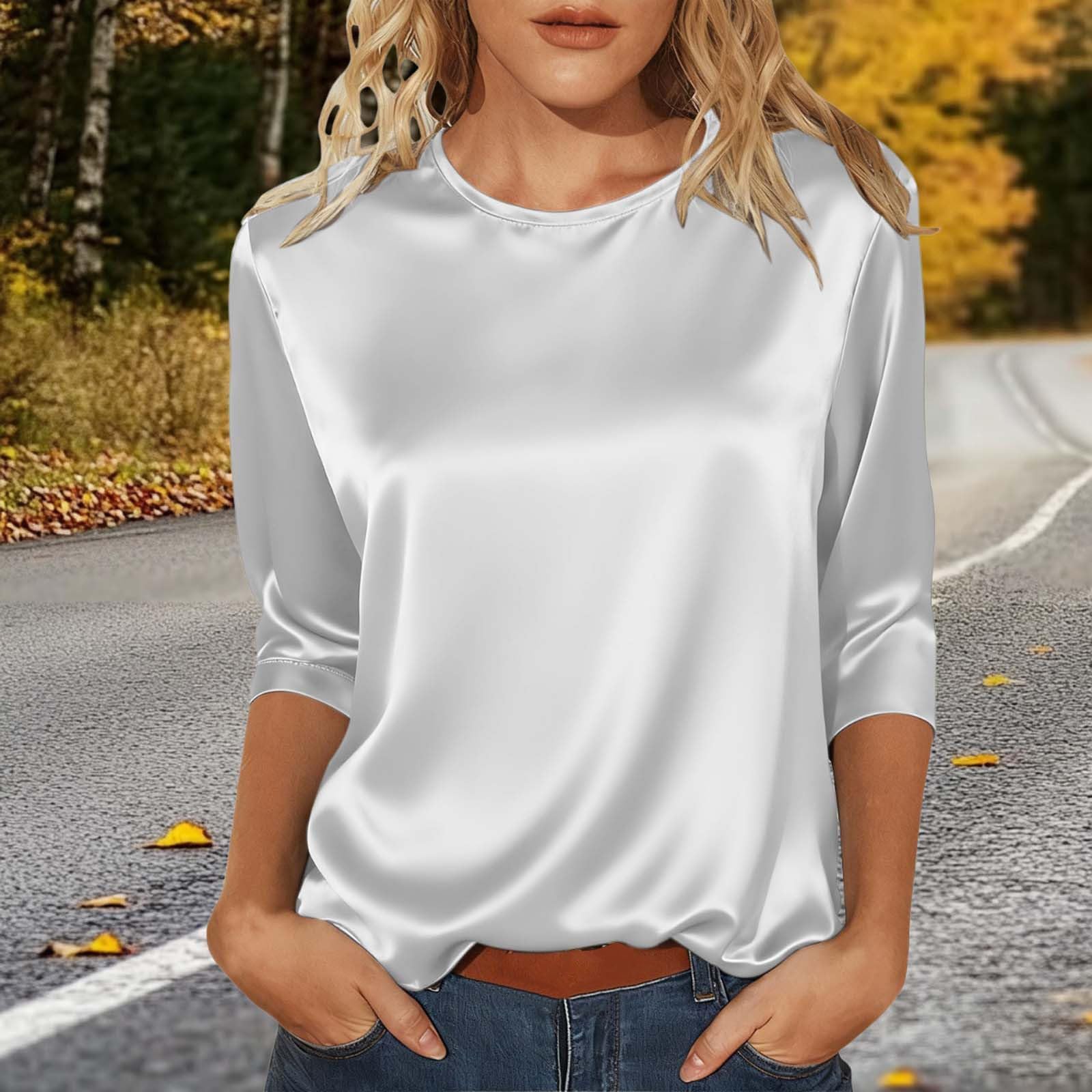 Generico Camiseta blanca básica para mujer con mangas de tres cuartos - Elegante Top de mujer de raso blanco T Shirt manga 3/4 de seda Top Cuello redondo Mangas Color sólido V Blusa Oversize Ligero
