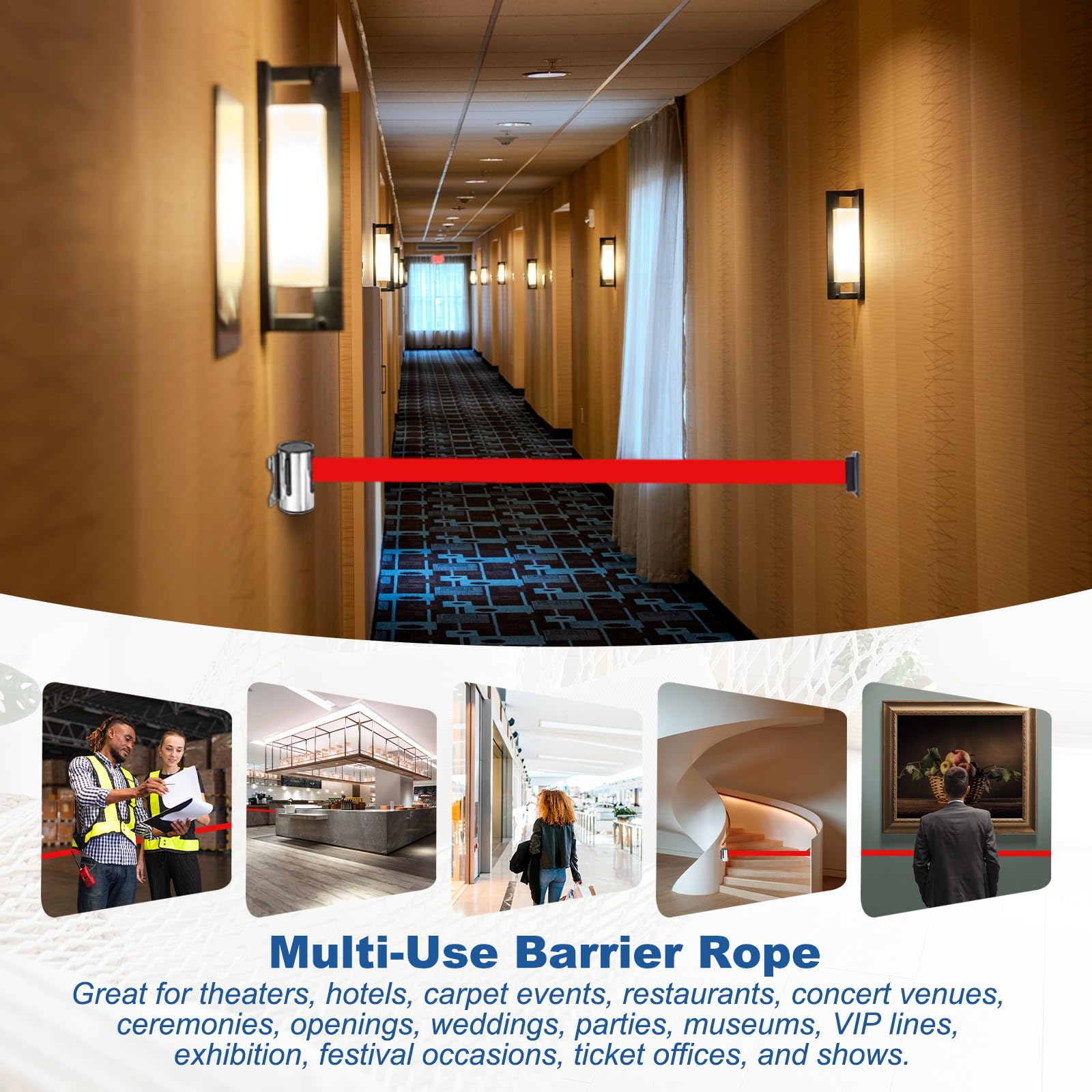 QUARKZMAN Barrera Retráctil Fija Para Pared 5 Metros Cinturón Control Multitudes Colas Tiendas Estadios Rojo Caja Acero Paquete 2