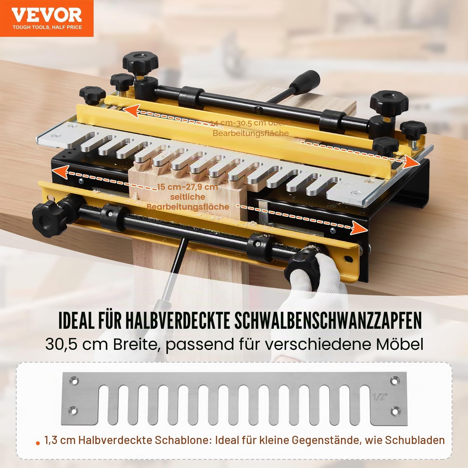 VEVOR Zinkenfräsmaschine 31 cm Breit, Zinkenfrässchablone mit Fräser & 12,7-mm-Schablone, Präzise Ausrichtung, Zapfen- & Zapfenschneidvorrichtung, Werkzeug für Möbel- & Schrankherstellung | Einfache Bedienung, robust und langlebig