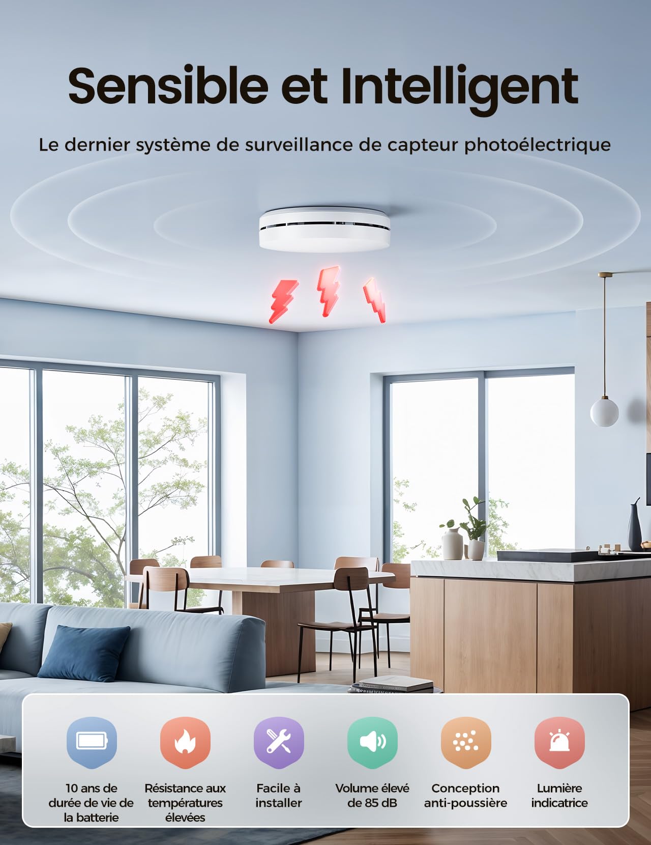 Détecteur de fumée 2024, Gagnant de la Batterie de 10 Ans pour Alarme Incendie, Détecteur de Fumée, sans perçage, 85dB, Alarme de fumée, Autonome, Non interconnexion - 1 pièce