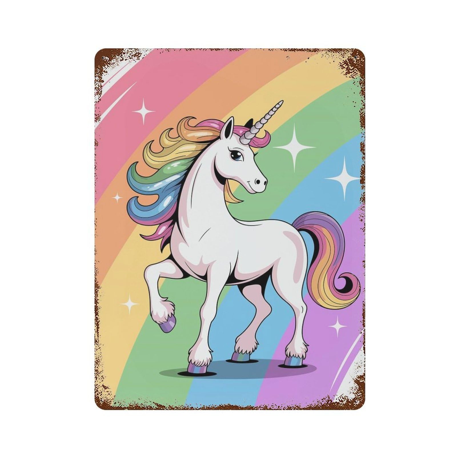 Aged Metal Wall Plaque with Rainbow Unicorn Cartoon Illustration Design 15.7"x11.8", for Farmhouse, Kitchen And Entryway Decor, Old School Wall Decor