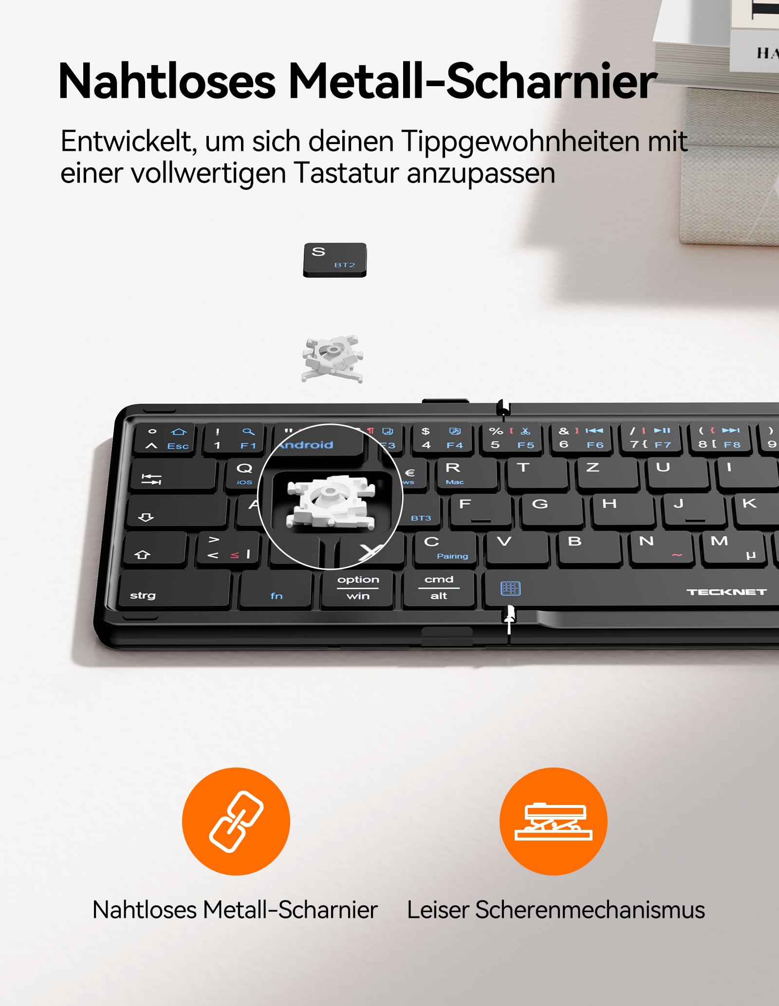TECKNET Bluetooth Tastatur Faltbare mit Touchpad, QWERTZ Deutsch, Schwarz