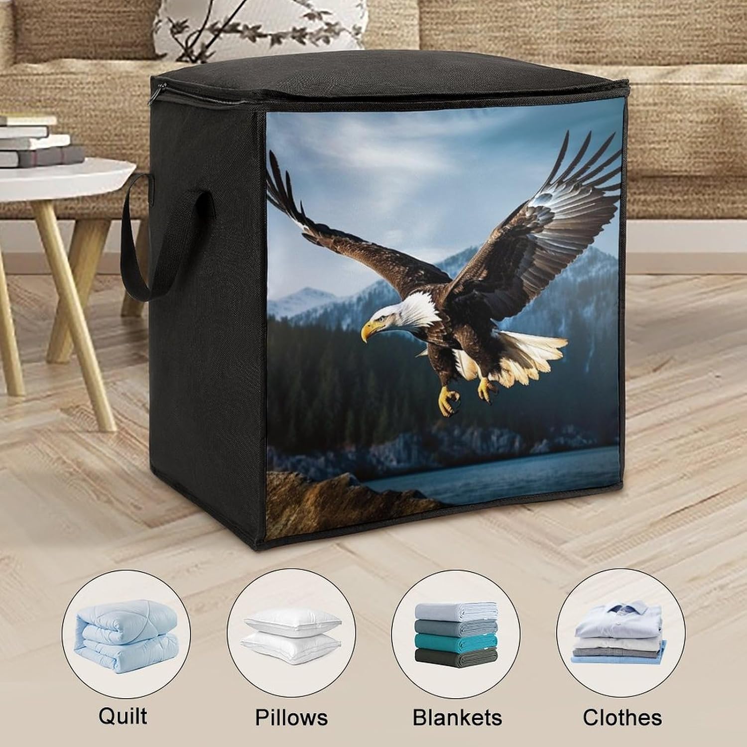Quilt Storage Bag,Eagle at Hunting Printed Large Foldable Storage Container Portable Travel Storage Bag for Blankets, Quilts, Clothes, Comforter, Bedding And Pillows