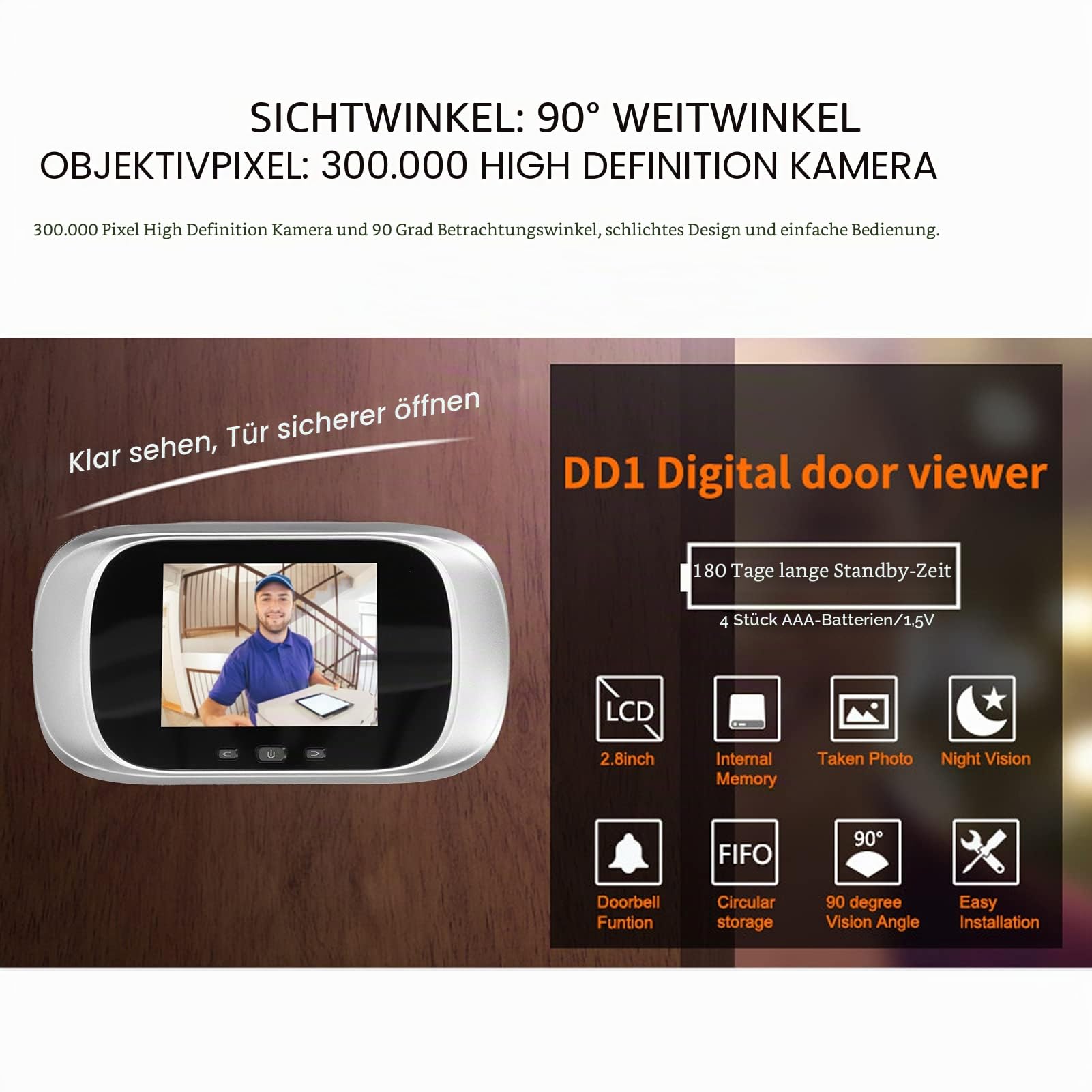 Dpofirs HD-Video-Türklingelkamera, Digitale Türspion-Kamera mit 5,1 Zoll, 90°-Ansicht Nachtsicht-Digital-Video-Türklingel passend für Zuhause/Hotel((DD1 Silber))