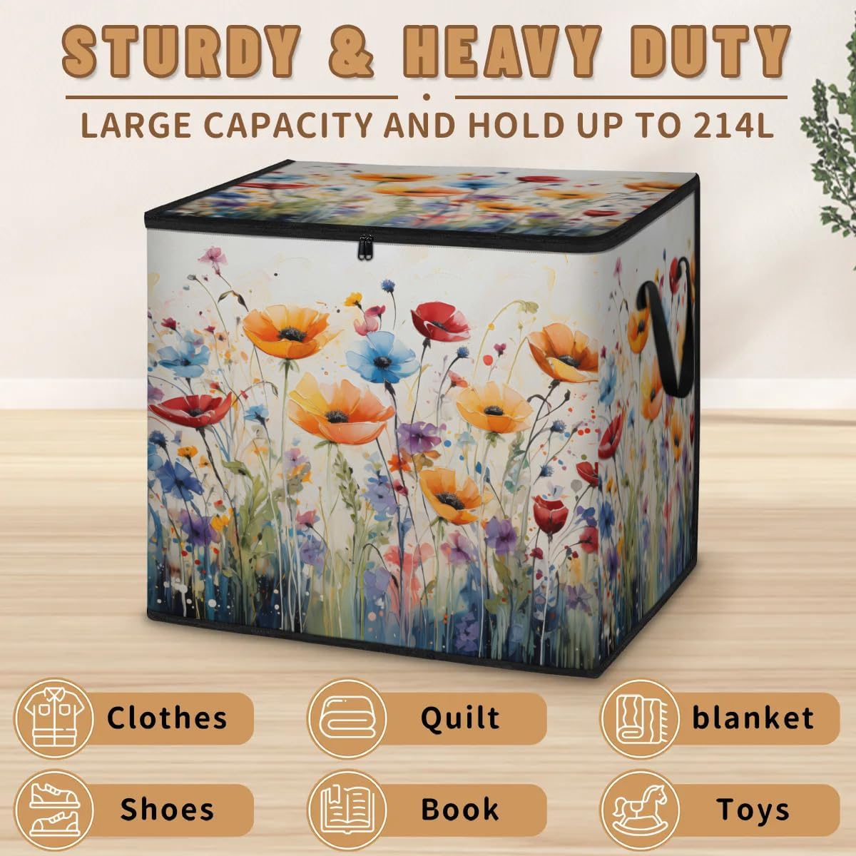 Honeybaby 214L Extra Large Comforter Storage Bag Watercolor Poppy Flowers Storage Totes with Lids Waterproof Closet Organizer Folding Blanket Storage Bags for Clothes Bedding Pillows