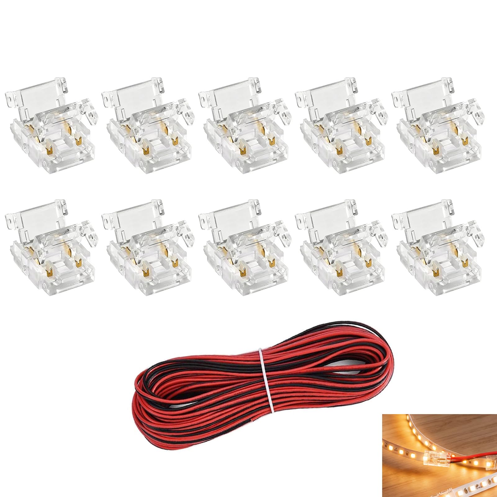 11 Pack 2 Pin 8mm COB LED Strip Connectors with 16.4ft Extension Cable, LED Extension Cable Connectors, Solderless Wire Connector, 22 AWG Stable Connection Waterproof Light Strips for Home Automotive