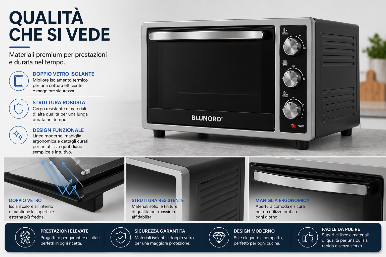 Forno Elettrico Ventilato 32 Litri 6 Funzioni Cottura 90-230°C Doppio Vetro Timer 60 Min