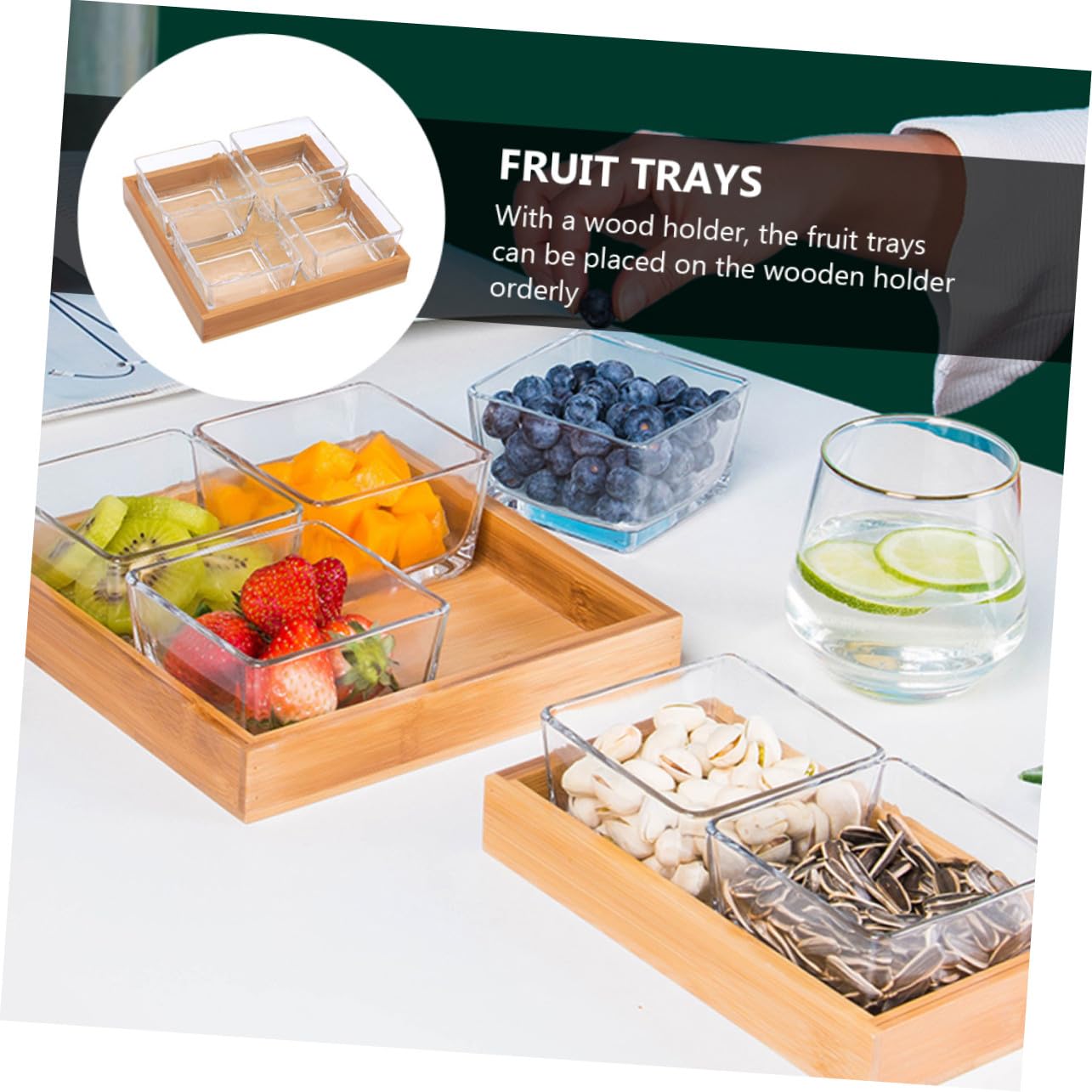 Toyvian Plateau de Service Verre Divisé avec Support Bois Assiette pour Noix et Fruits Secs Plateau Apéritif Multi-compartiments sans Couvercle pour Cuisine et Réception