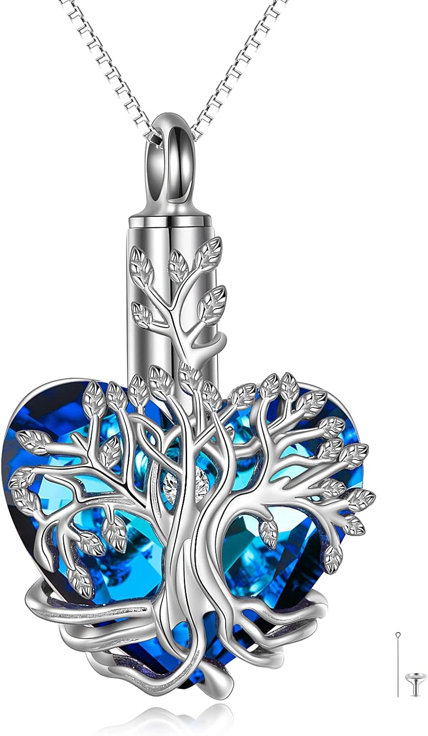 YFN Tree of Life Urn Necklace for Ashes Heart Cremation Jewelry Sterling Silver with Blue Crystal with Funnel Filler Jewelry Gifts for Women