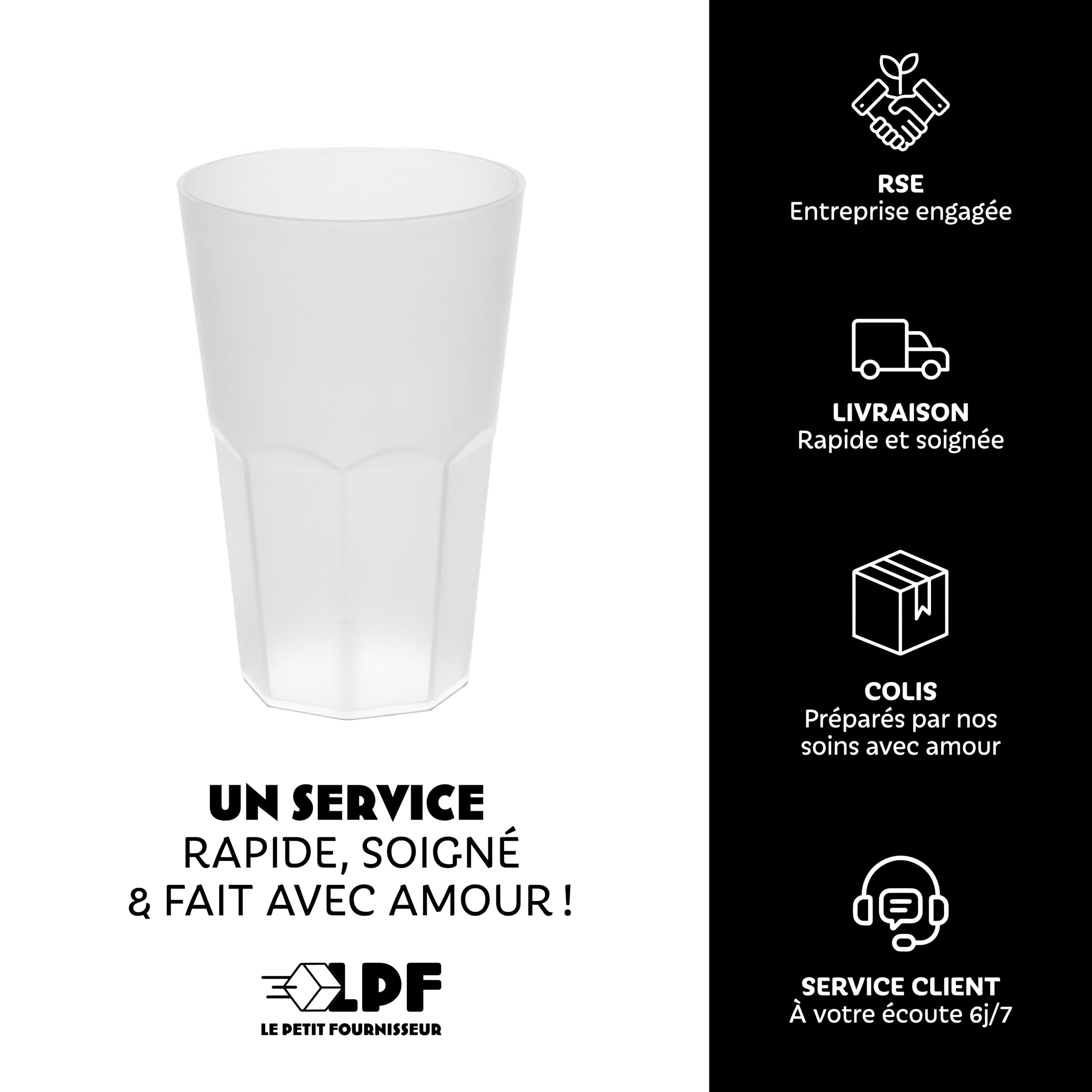 LPF LE PETIT FOURNISSEUR - Lot de 50 Gobelets à cocktail réutilisables Granity 33cl (40cl à ras-bord) - Polypropylène plastique alimentaire rigide - Verre à eau, bière, long drink - Couleur givrée