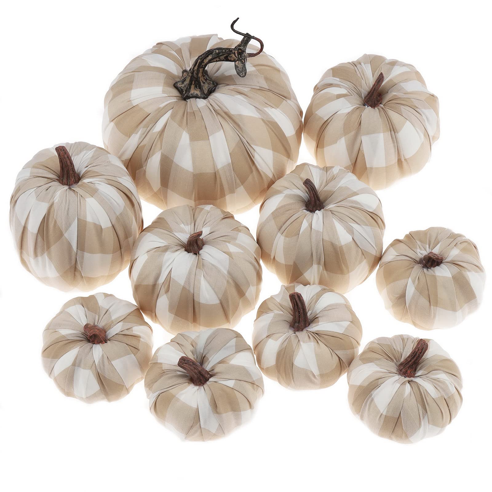 Woration 10 Pack Plaid Fabric Artificial Pumpkins Harvest Festival Fake Beige Burlap Pumpkins Decoration for Fall Thanksgiving Halloween Home, Assorted Sizes