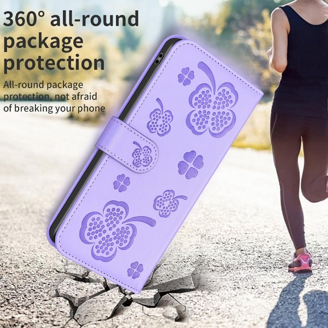 Thoankj Nokia C32 Case Flower Clover Shockproof PU Leather Slim Flip Wallet Phone Cover for Women Girls with Card Holder Stand Magnetic Folio Protective Case for Nokia C32 Purple - Image 4