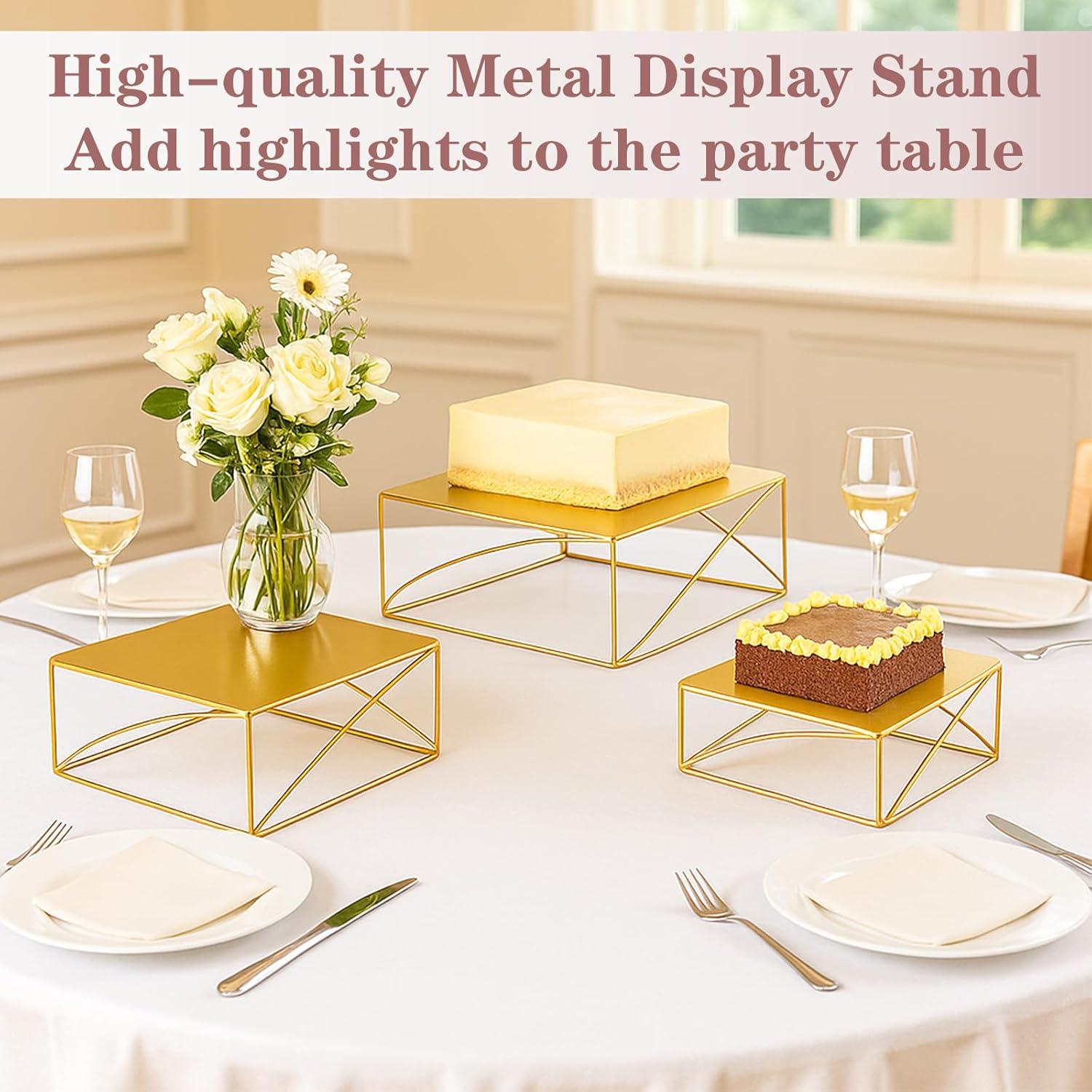 Wenqik 3 Pcs Buffet Riser Set 8" 10" 12" Gold Cake Stand, Metal Display Catering Dessert Table Riser Food Display Stand for Wedding Birthday Party Anniversary Reception