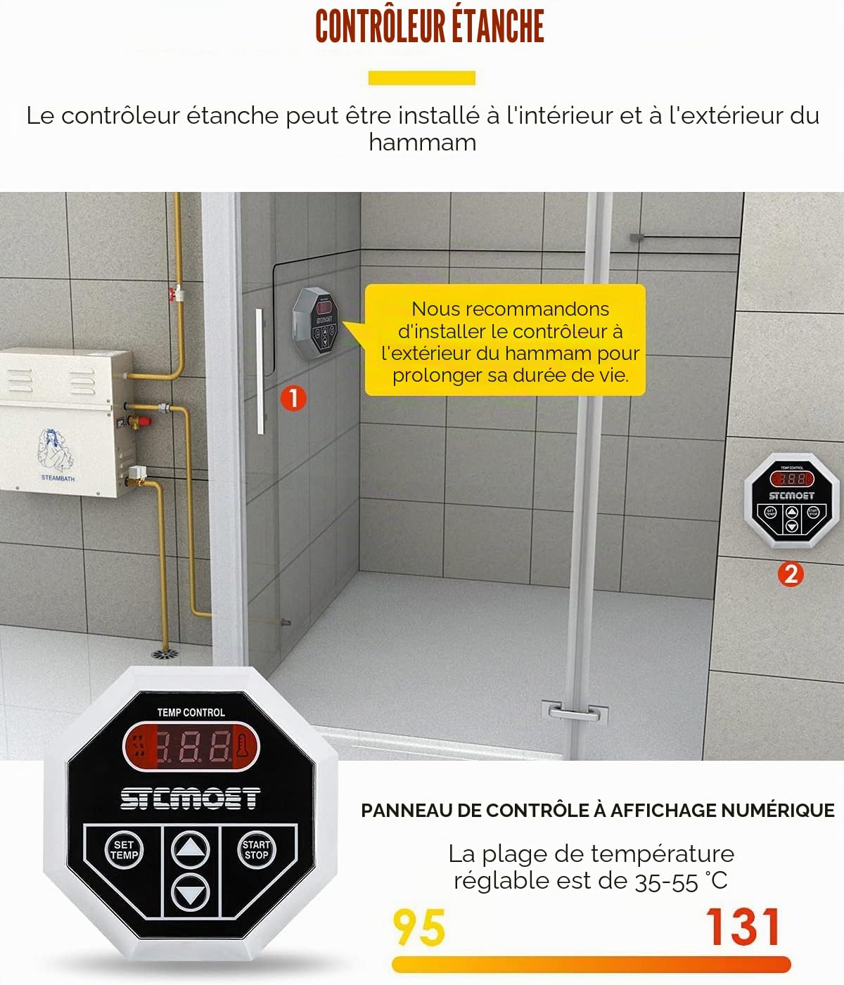 CGOLDENWALL 6 KW Générateur Vapeur Douche 220V pour Maison, pour Sauna/Douche/Bain/SPA, avec Drainage Automatique, Régulateur Digital à LED-Thermostat Automatique 35-55℃ pour un Espace de 6m³