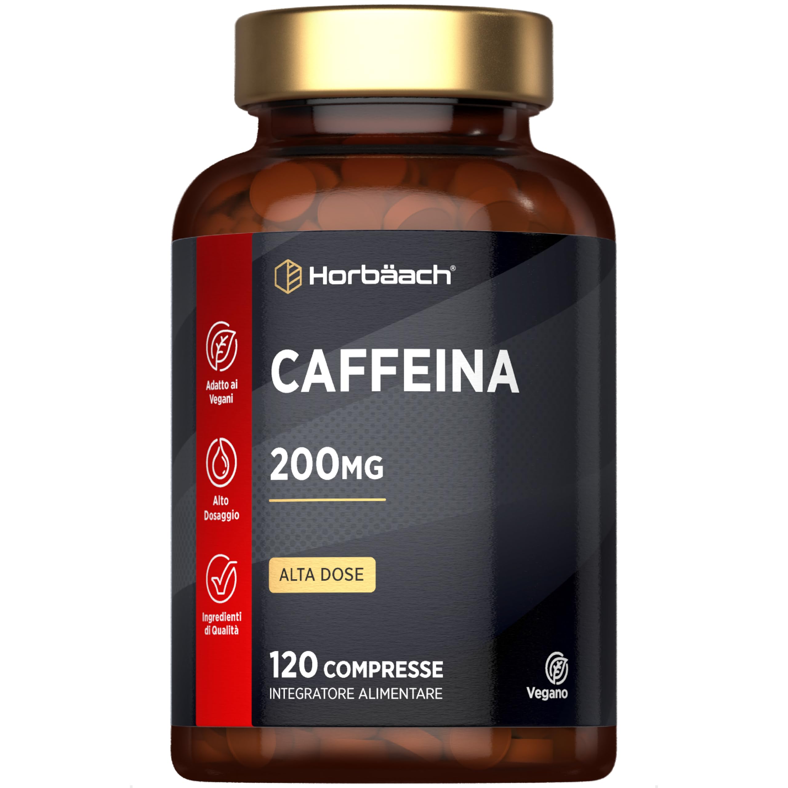 Caffeina Integratore 200 mg | 120 Compresse Vegane per 4 Mesi di Scorta | Integratore Alimentare Senza Conservanti and Additivi | Caffeine Pills ad Alto Dosaggio | by Horbaach