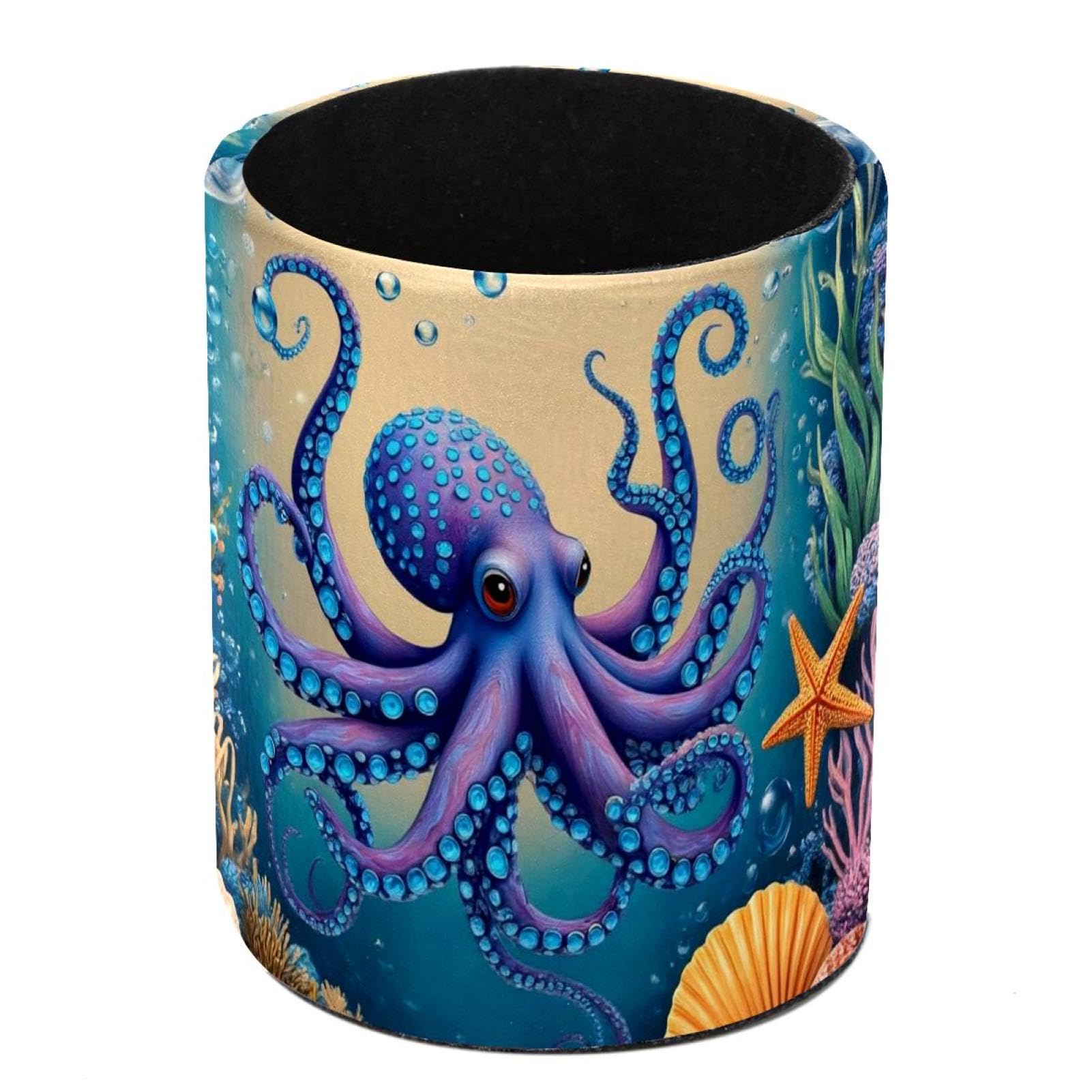 HEOEH Ocean Octopus Starfish Pen Holder for Desk, PU Leather Pencil Holder Pen Cup Marker Holder Makeup Brush Holders, Desk Accessories & Workspace Organizers for Home, Office