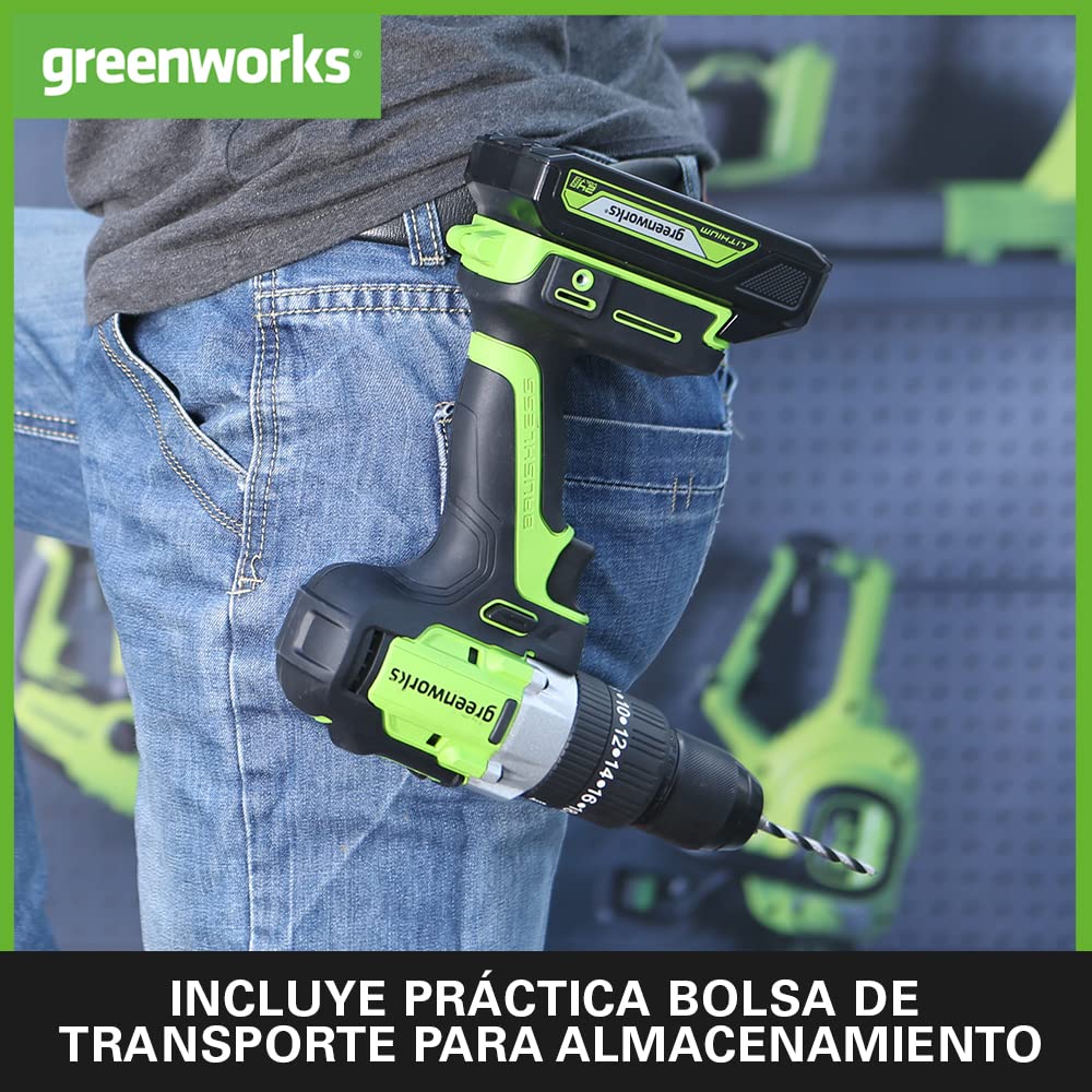 Greenworks GD24DD60K2 Taladro Atornillador Inalámbrico con Motor sin Escobillas, 0-1750 rpm, 2 Velocidades, Torque de 60 Nm, Bolsa de Transporte, Batería de 24V y Cargador, Garantía de 3 Años