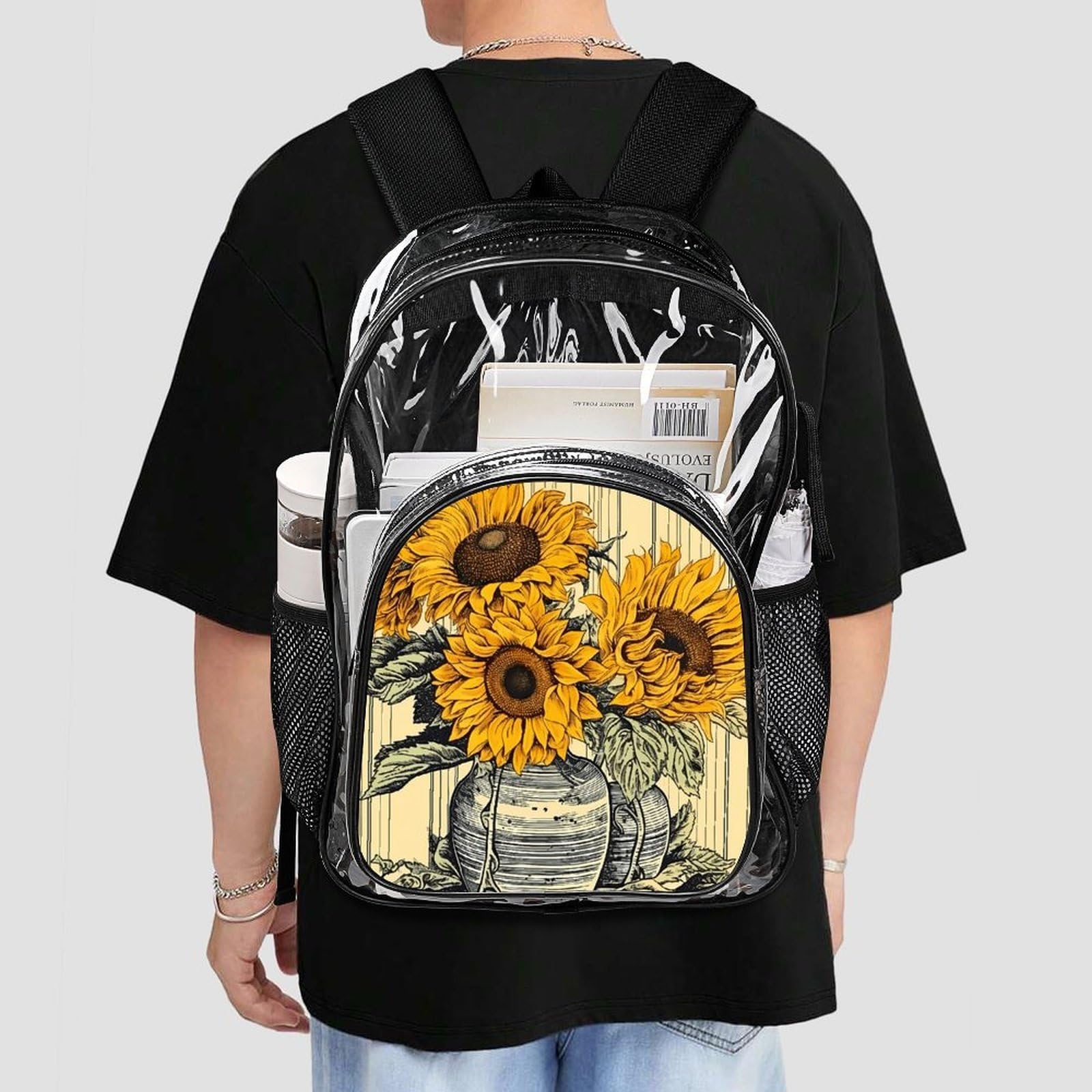 Transparenter Rucksack mit Sonnenblumenmuster, groß, transparent, PVC, Büchertasche für Sicherheit, Arbeit, Reisen, Stadion